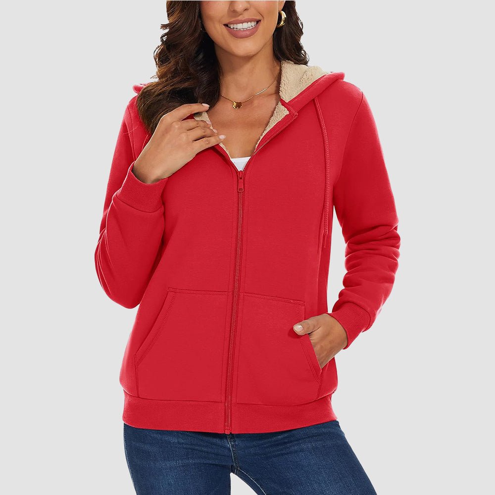 Red Women's Zip - Up Sherpa Lined Fleece Hoodie Jacket - MAGCOMSEN