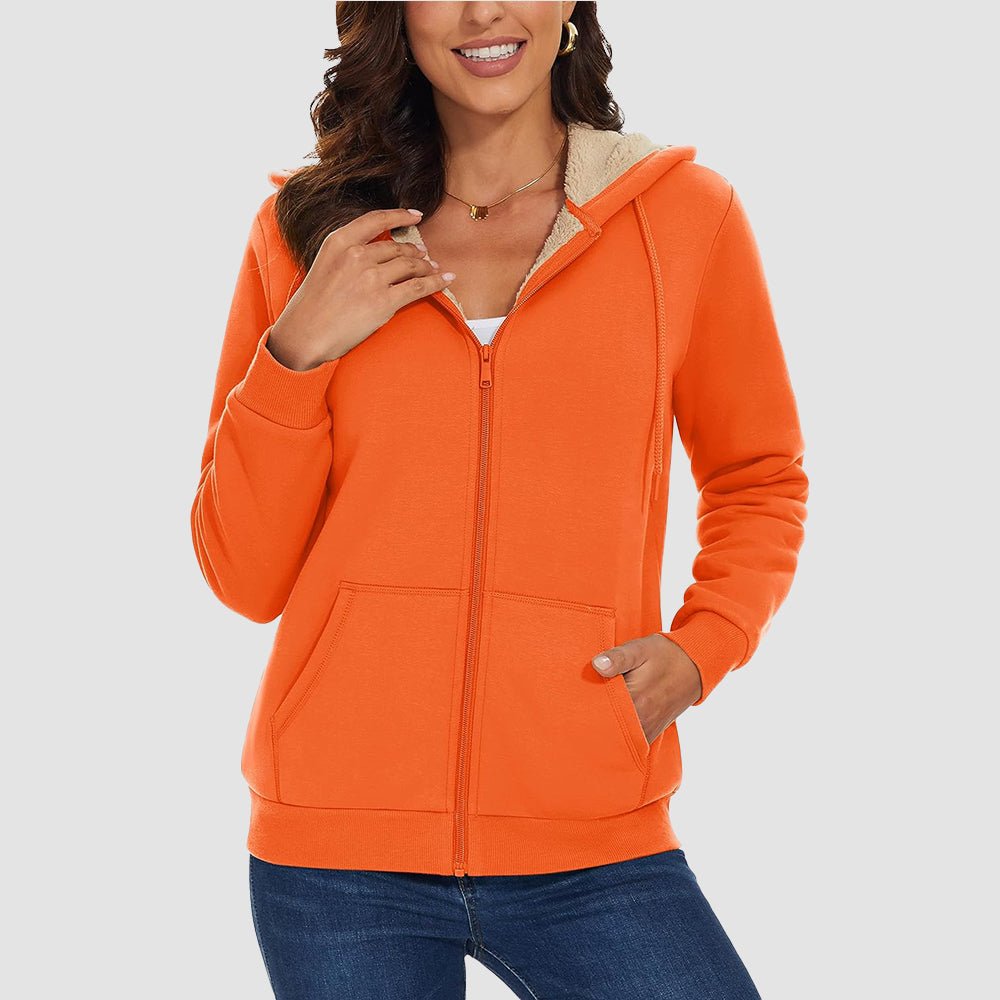 Orange Women's Zip - Up Sherpa Lined Fleece Hoodie Jacket - MAGCOMSEN