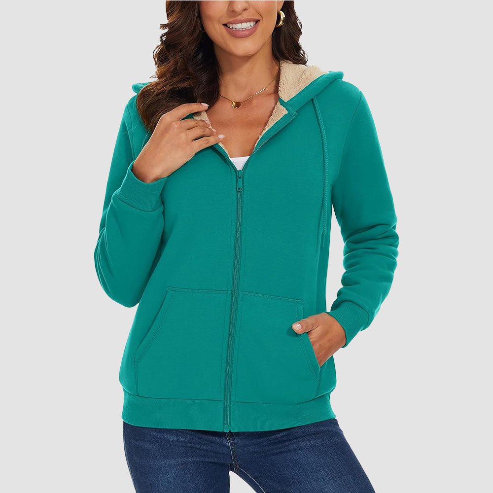 Jade Green Women's Zip - Up Sherpa Lined Fleece Hoodie Jacket - MAGCOMSEN