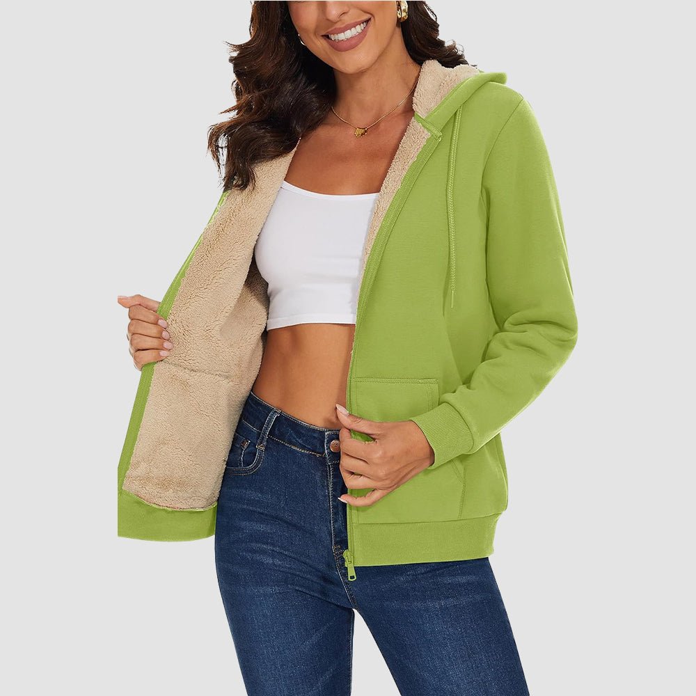 Olive Women's Zip - Up Sherpa Lined Fleece Hoodie Jacket - MAGCOMSEN