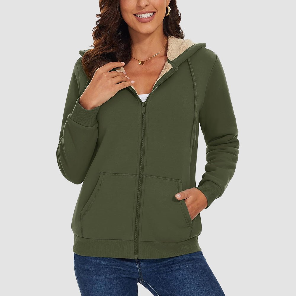 Army Green Women's Zip - Up Sherpa Lined Fleece Hoodie Jacket - MAGCOMSEN