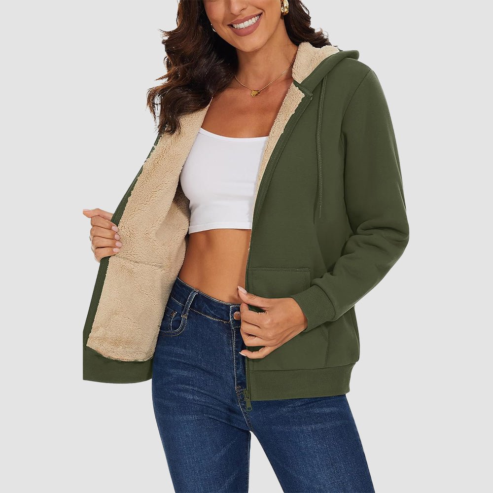 Army Green Women's Zip - Up Sherpa Lined Fleece Hoodie Jacket - MAGCOMSEN