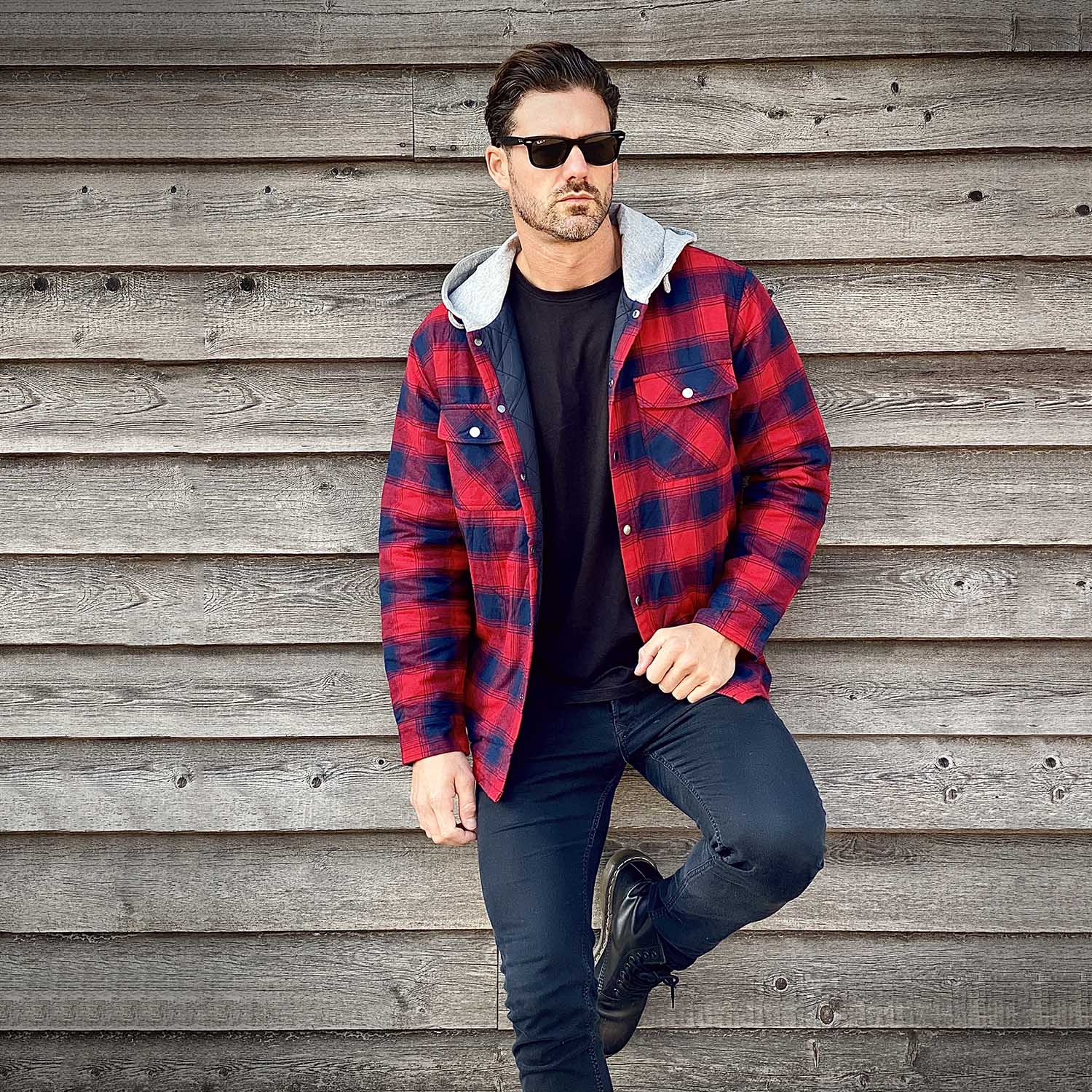 Men's Flannel Plaid Shirt Jacket with Hood Quilted Lined Coat - MAGCOMSEN