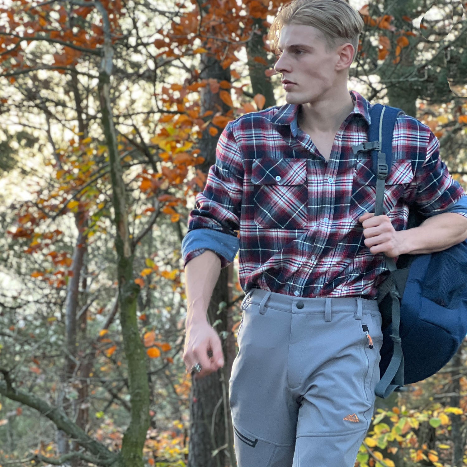 Red White Men's Long Sleeve Cotton Plaid Flannel Shirt - MAGCOMSEN