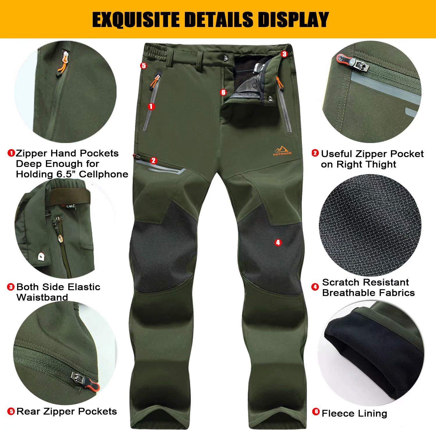 Men's Fleece-Lined Ski Pants - Water-Resistant, 4 Zip Pockets - MAGCOMSEN