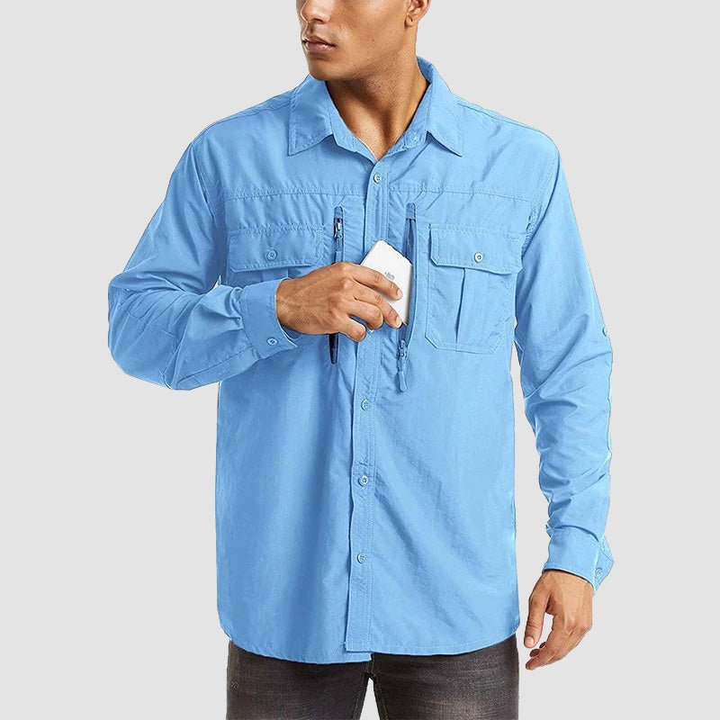 Sky-blue Men's Tactical Shirt, Quick-Dry & UV Protection for Hiking