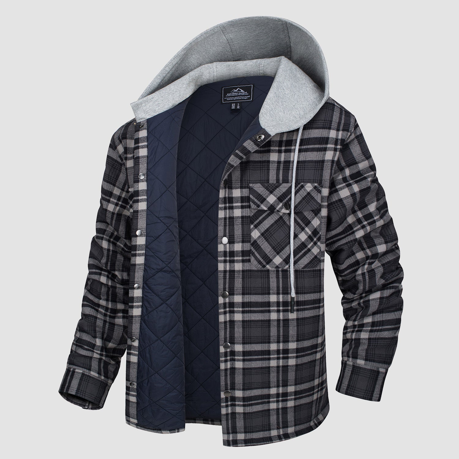 Men's Flannel Plaid Shirt Jacket with Hood Quilted Lined Coat - MAGCOMSEN
