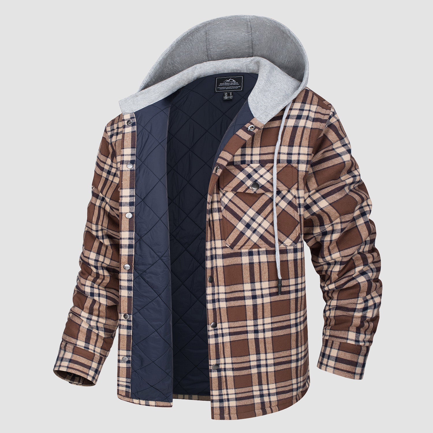 Men's Flannel Plaid Shirt Jacket with Hood Quilted Lined Coat - MAGCOMSEN