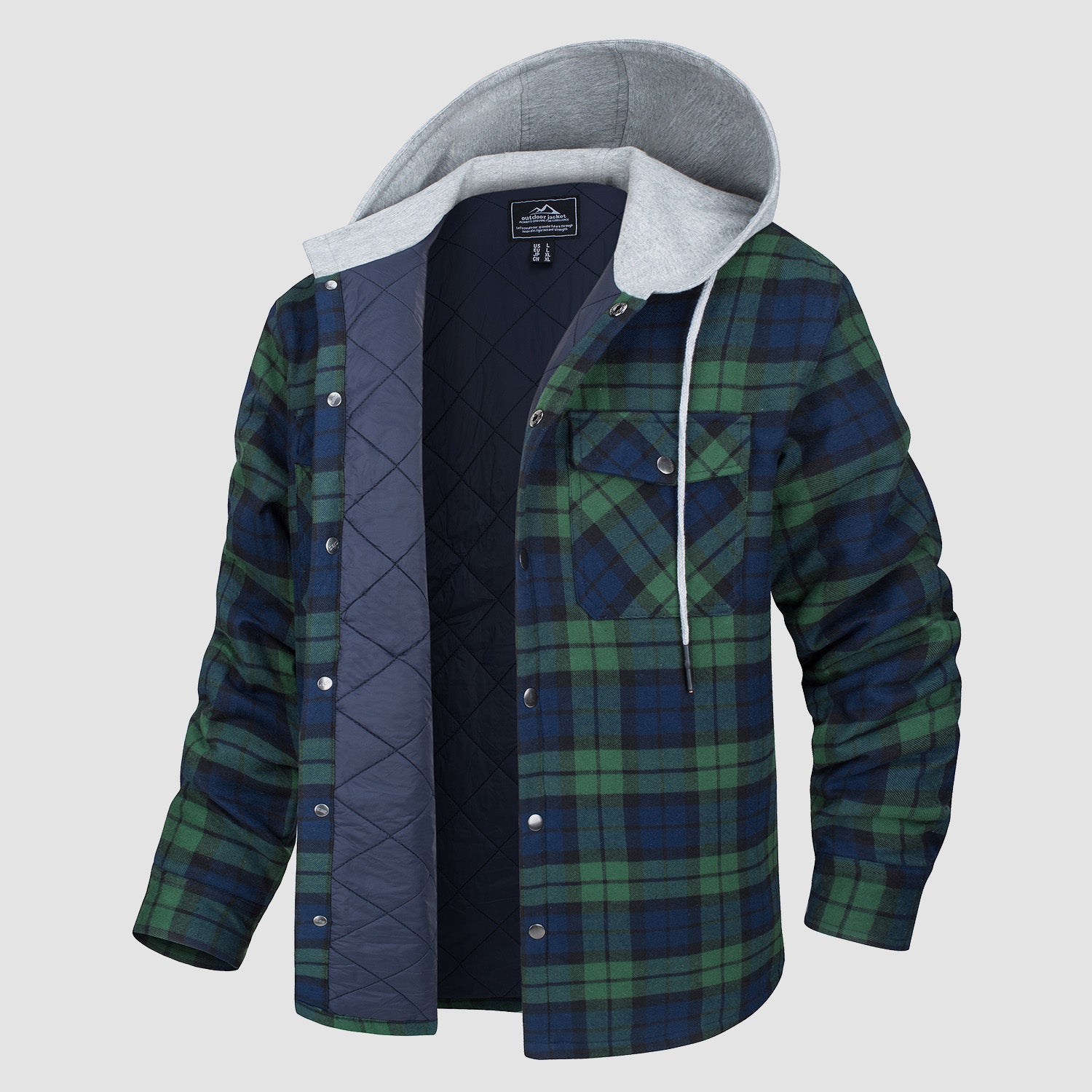 Men's Flannel Plaid Shirt Jacket with Hood Quilted Lined Coat - MAGCOMSEN