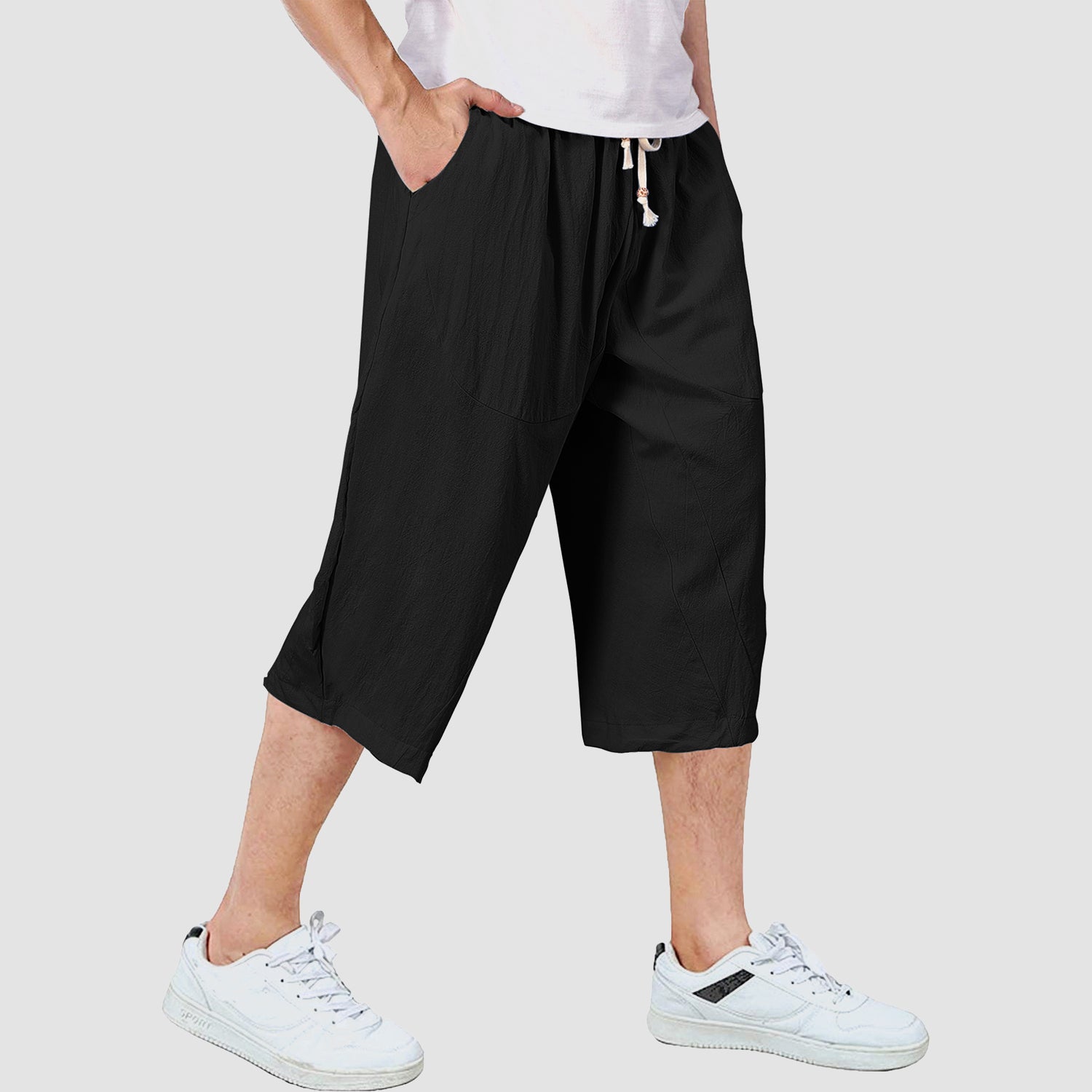 Men's Capri Pants with 4 Pockets Linen Shorts Baggy Wide Leg Casual Yoga 3/4 Capri