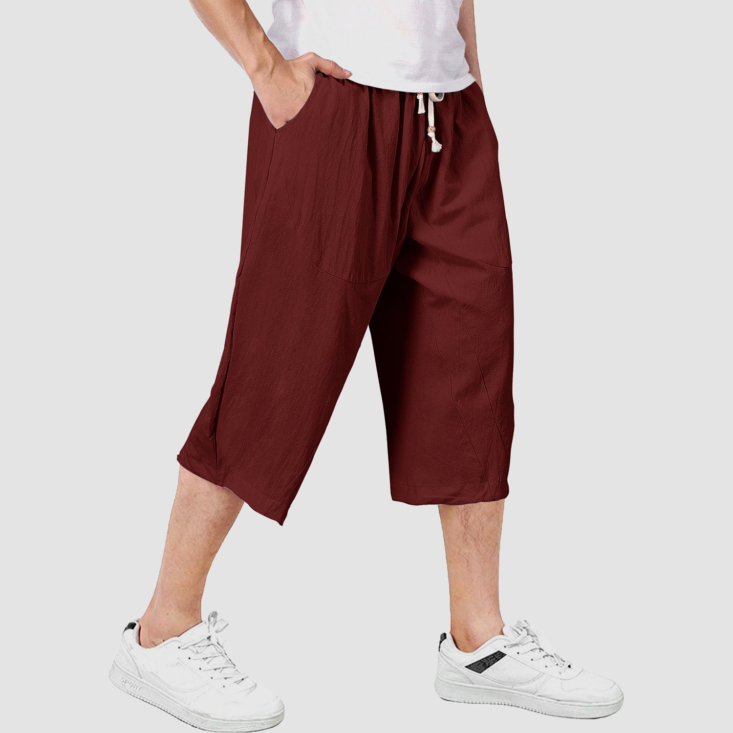 Men's Capri Pants with 4 Pockets Linen Shorts Baggy Wide Leg Casual Yoga 3/4 Capri
