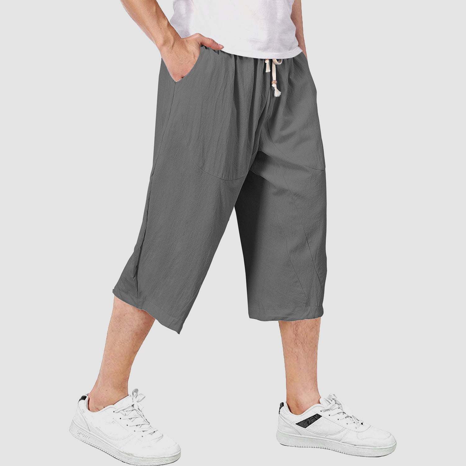 Men's Capri Pants with 4 Pockets Linen Shorts Baggy Wide Leg Casual Yoga 3/4 Capri