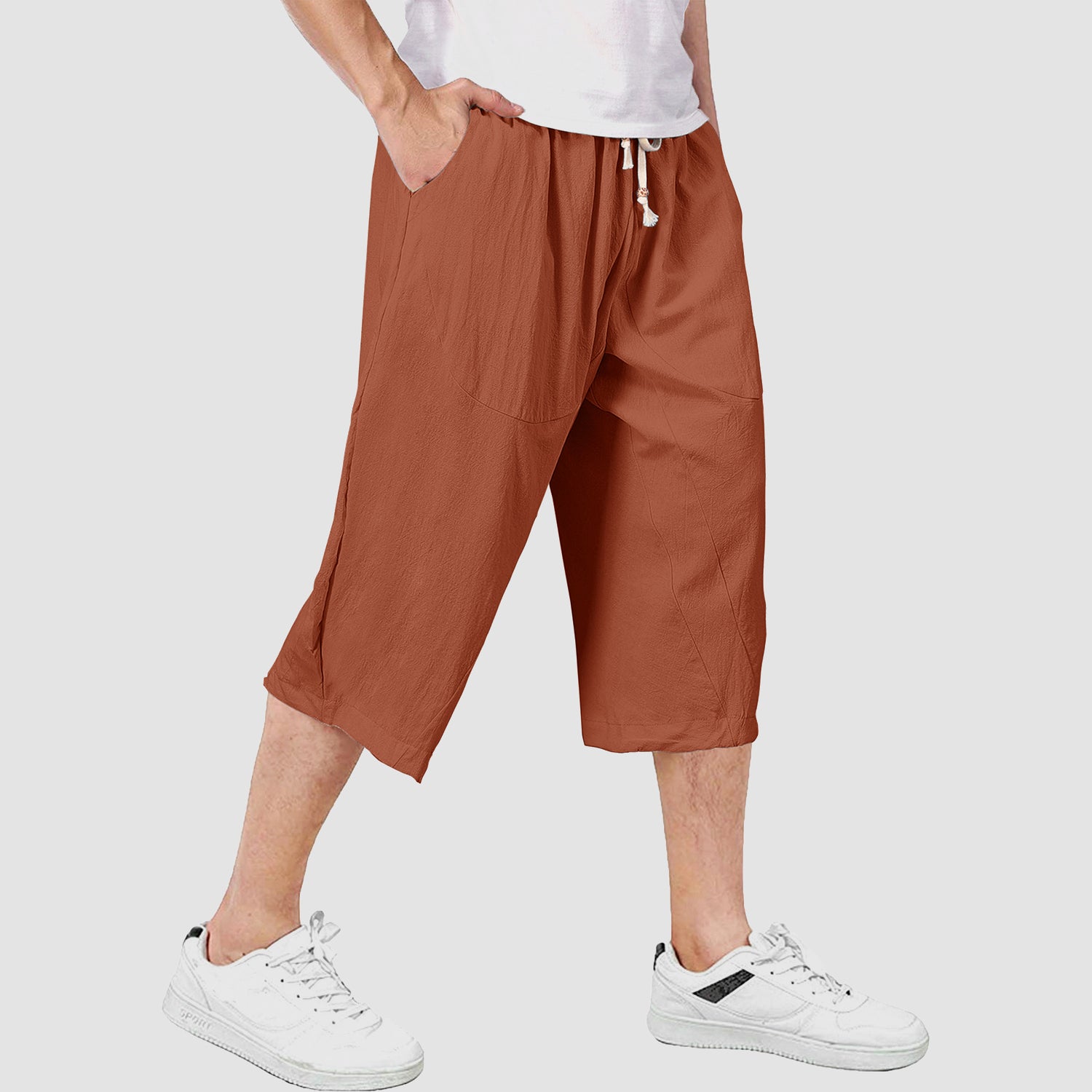 Men's Capri Pants with 4 Pockets Linen Shorts Baggy Wide Leg Casual Yoga 3/4 Capri