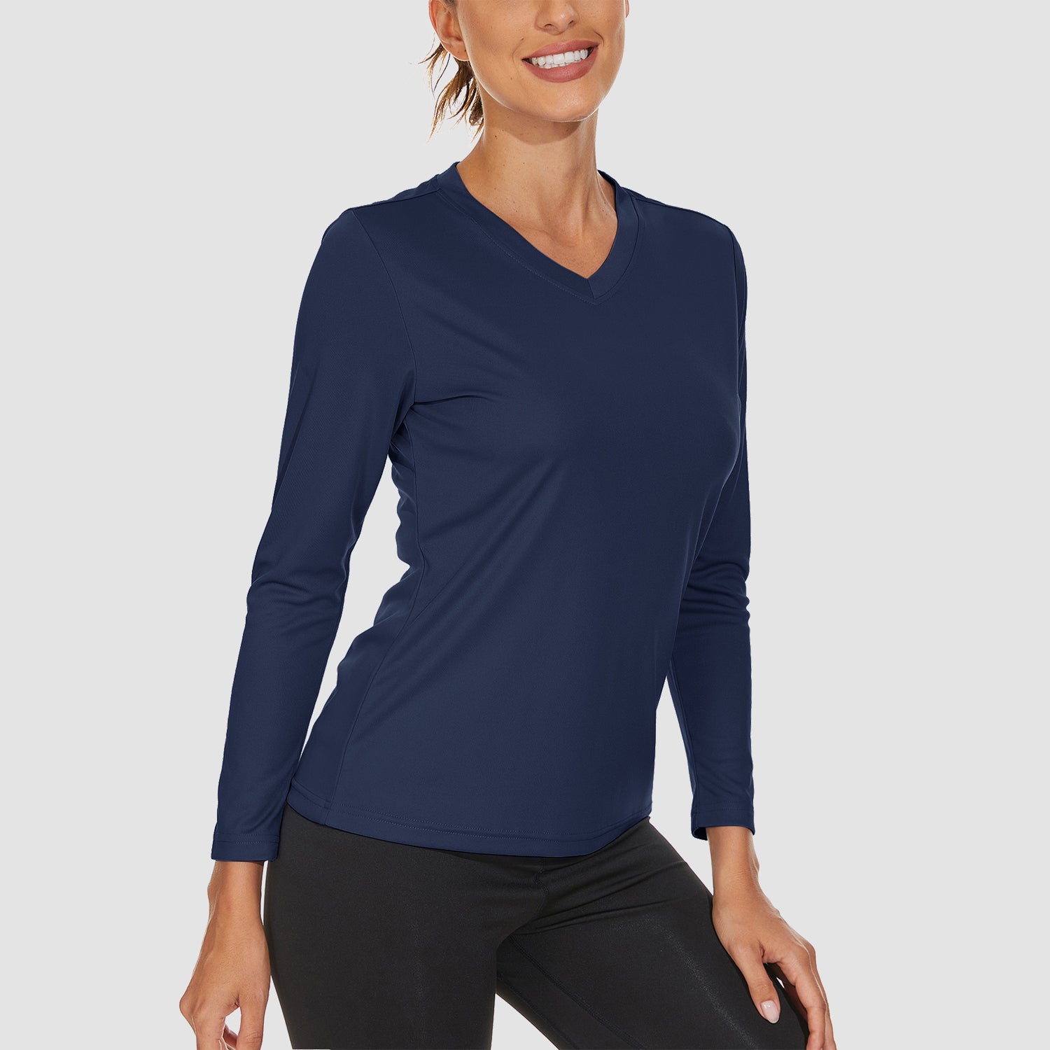 Navy Women's Long Sleeve UPF 50+ V-Neck Hiking & Workout Shirt - MAGCOMSEN