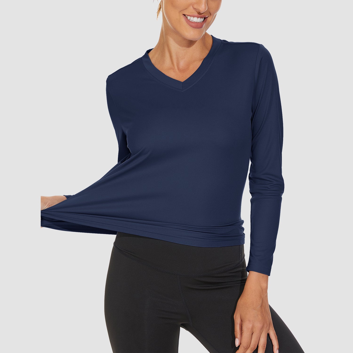 Navy Women's Long Sleeve UPF 50+ V-Neck Hiking & Workout Shirt - MAGCOMSEN