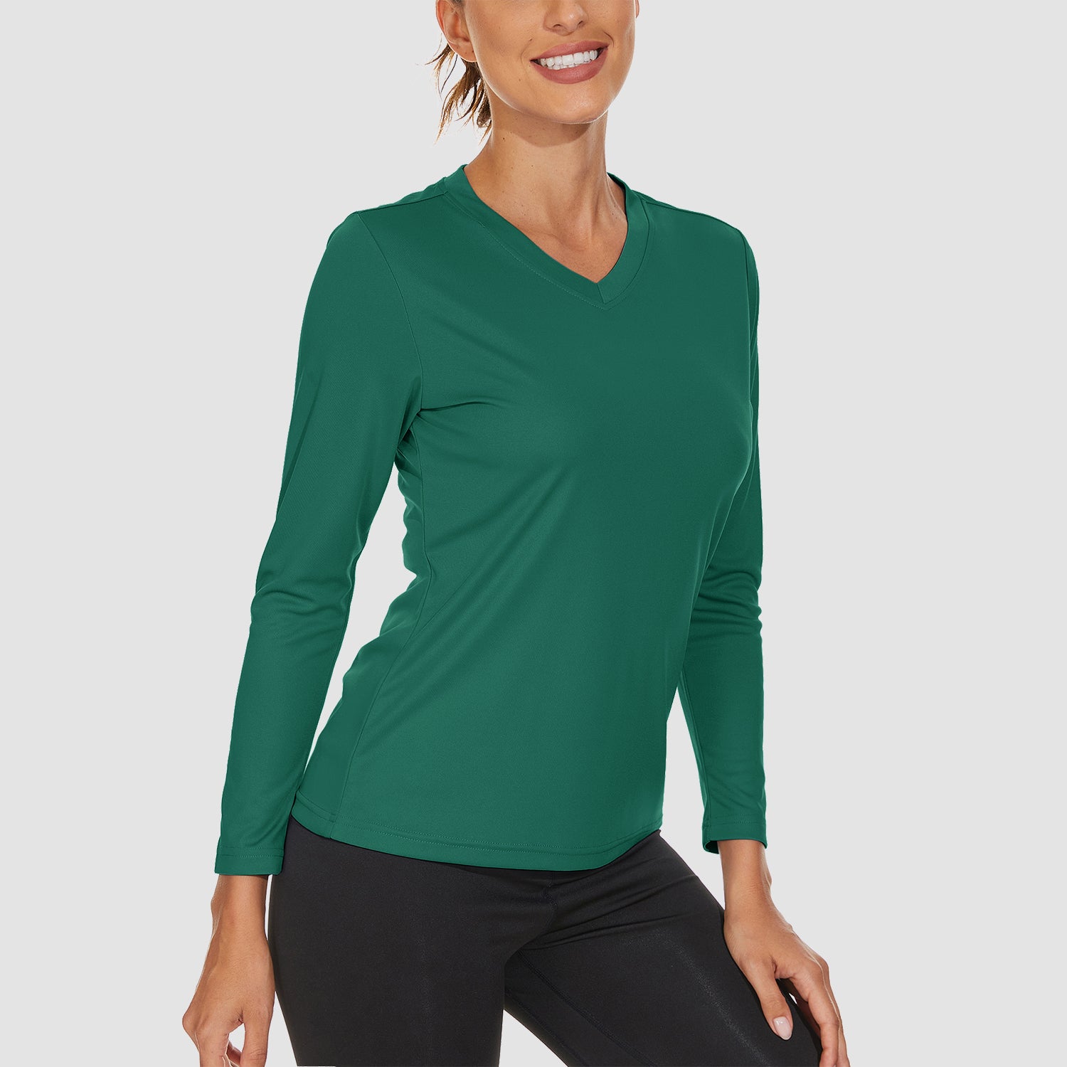 Jade Green Women's Long Sleeve UPF 50+ V-Neck Hiking & Workout Shirt - MAGCOMSEN