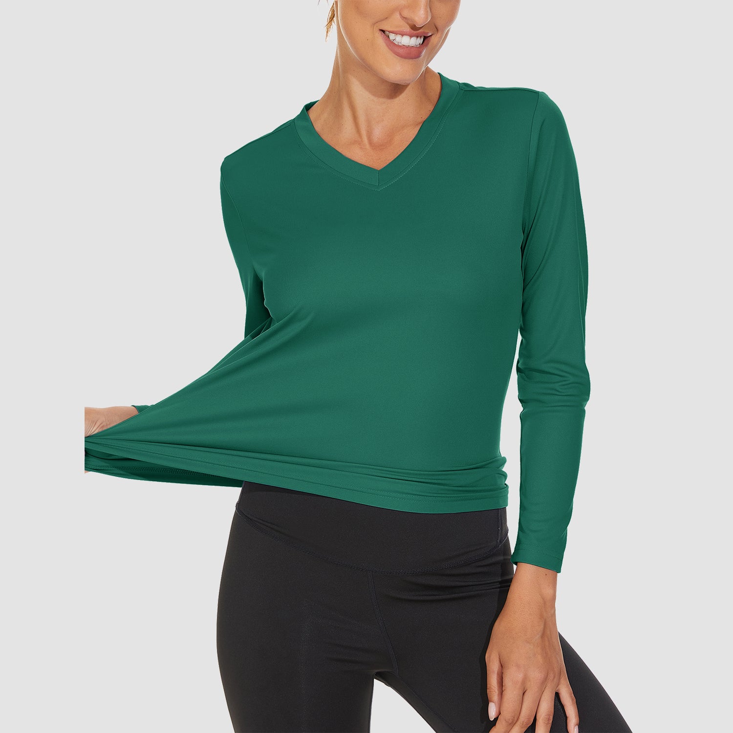 Jade Green Women's Long Sleeve UPF 50+ V-Neck Hiking & Workout Shirt - MAGCOMSEN