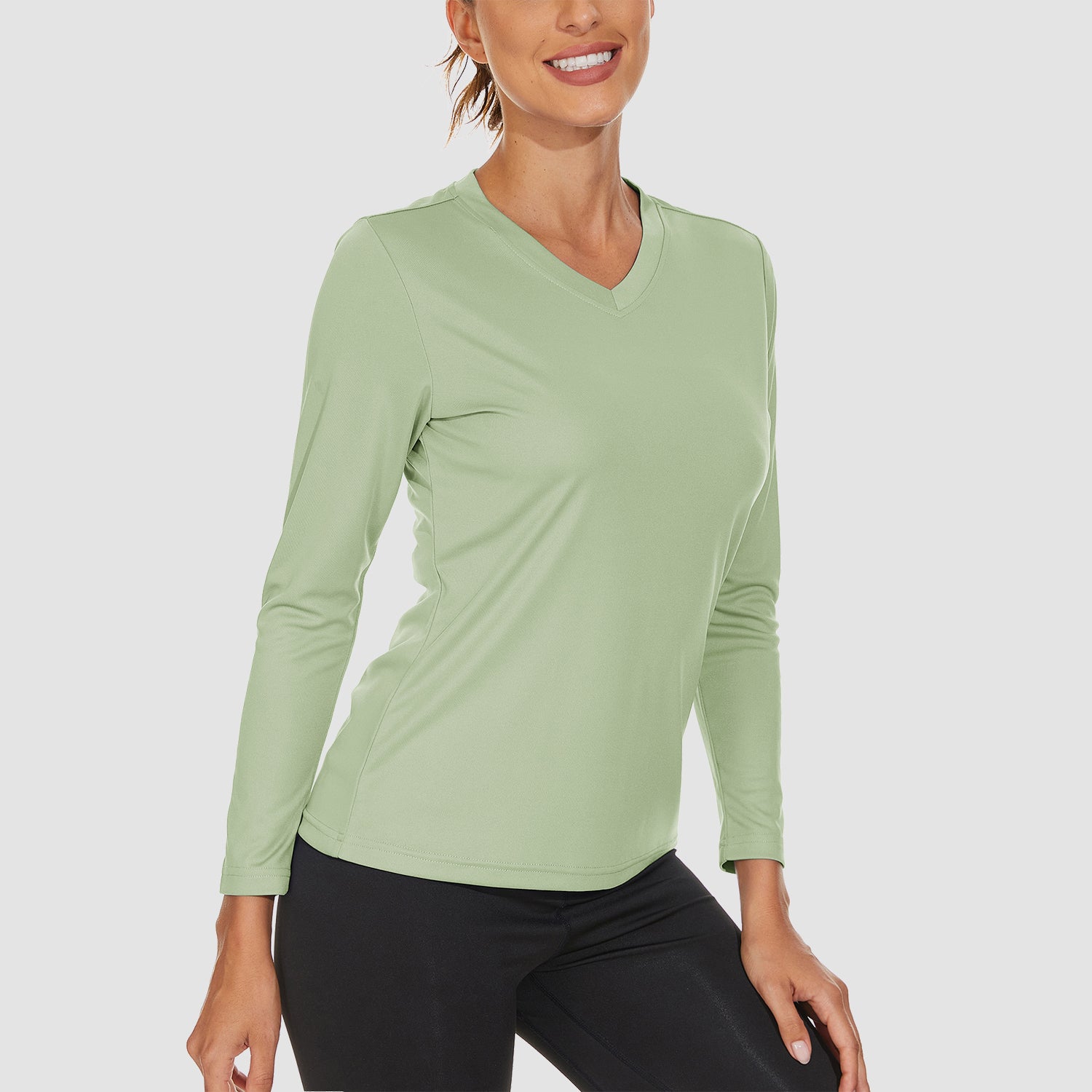 Light Green Women's Long Sleeve UPF 50+ V-Neck Hiking & Workout Shirt - MAGCOMSEN