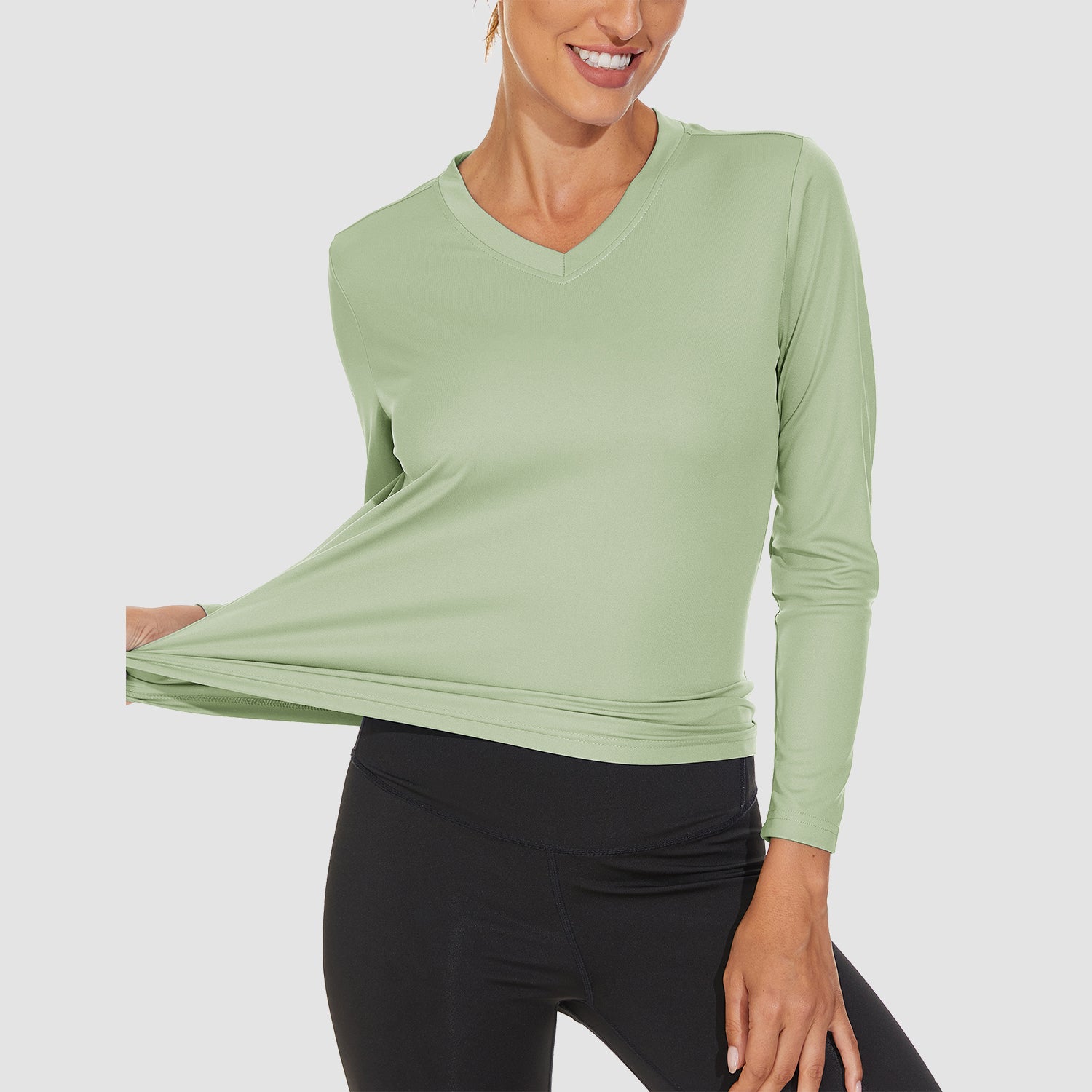 Light Green Women's Long Sleeve UPF 50+ V-Neck Hiking & Workout Shirt - MAGCOMSEN
