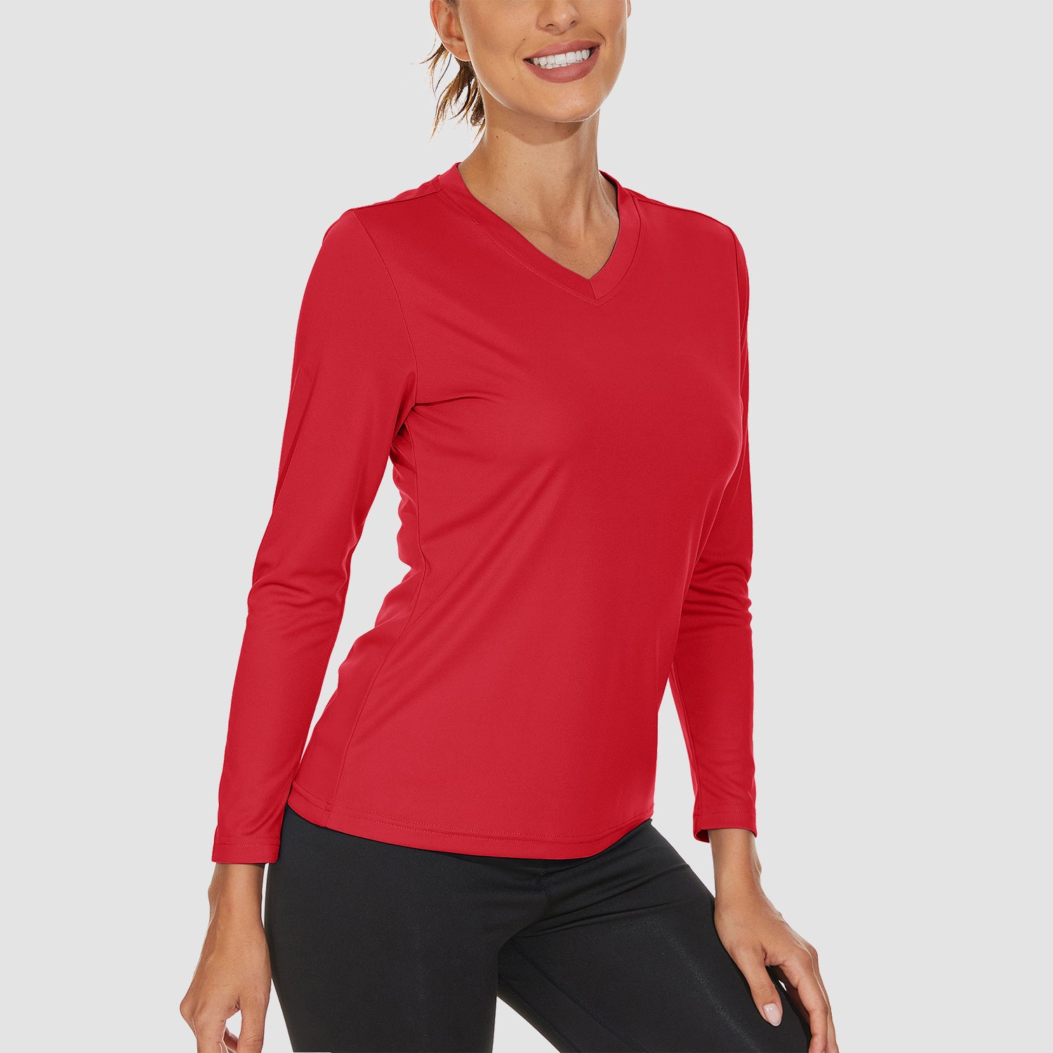 Red Women's Long Sleeve UPF 50+ V-Neck Hiking & Workout Shirt - MAGCOMSEN