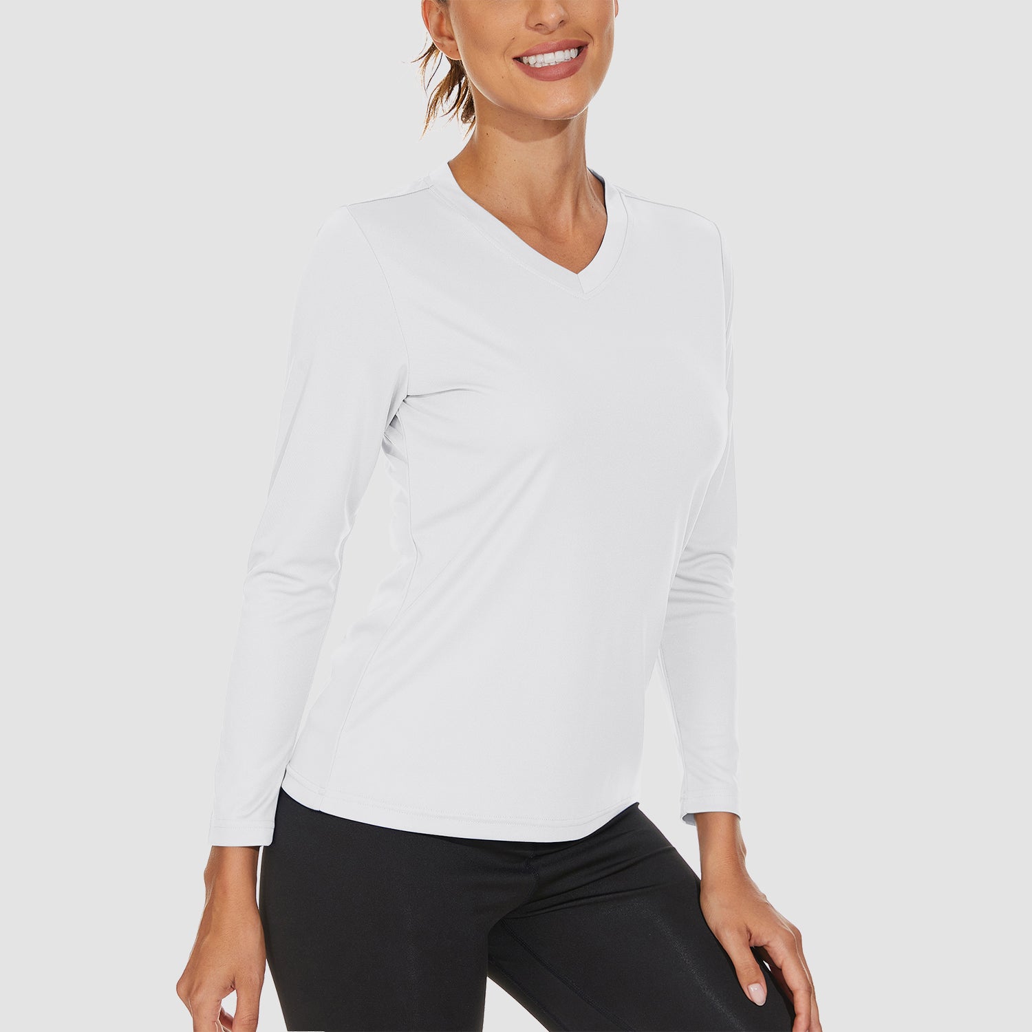 White Women's Long Sleeve UPF 50+ V-Neck Hiking & Workout Shirt - MAGCOMSEN