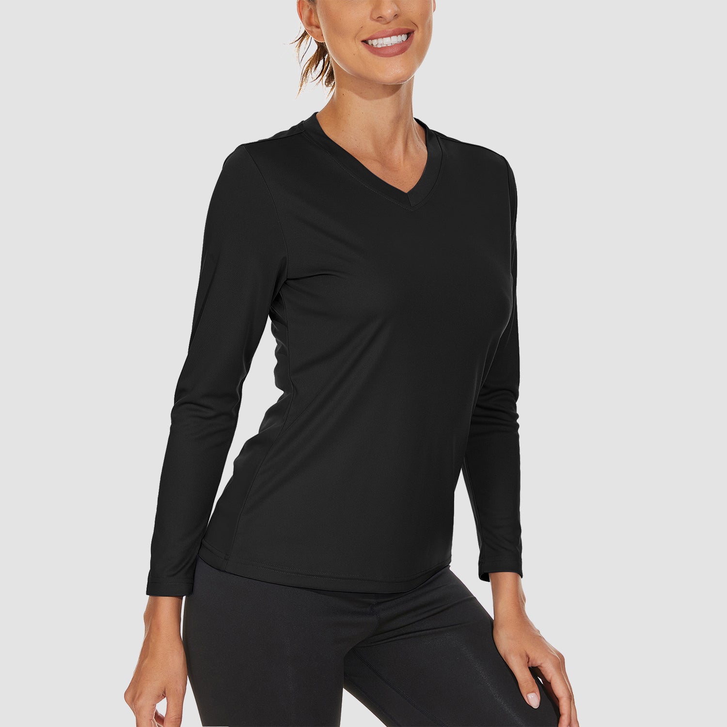 Black Women's Long Sleeve UPF 50+ V-Neck Hiking & Workout Shirt - MAGCOMSEN