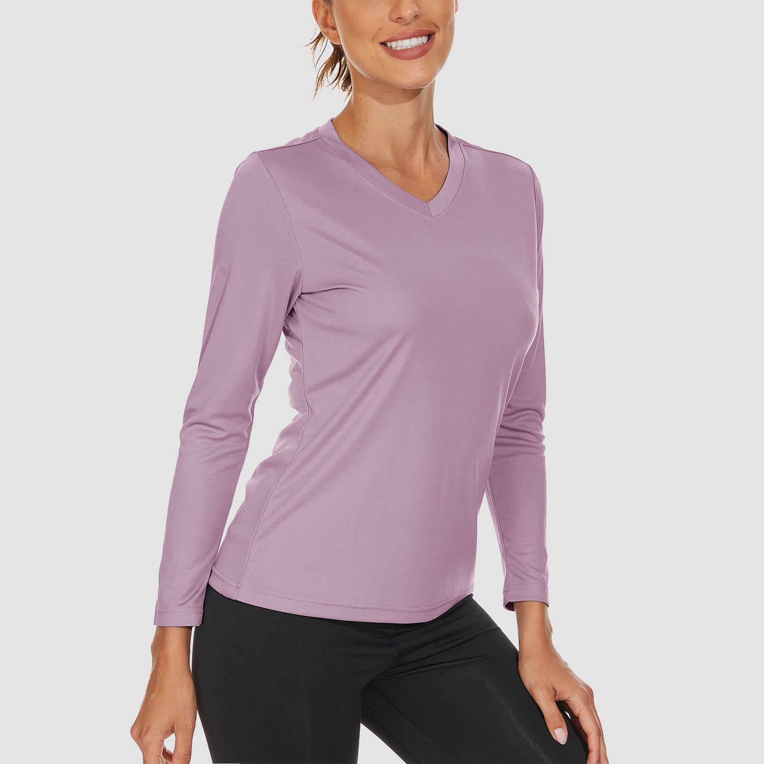 Grey Purple Women's Long Sleeve UPF 50+ V-Neck Hiking & Workout Shirt - MAGCOMSEN
