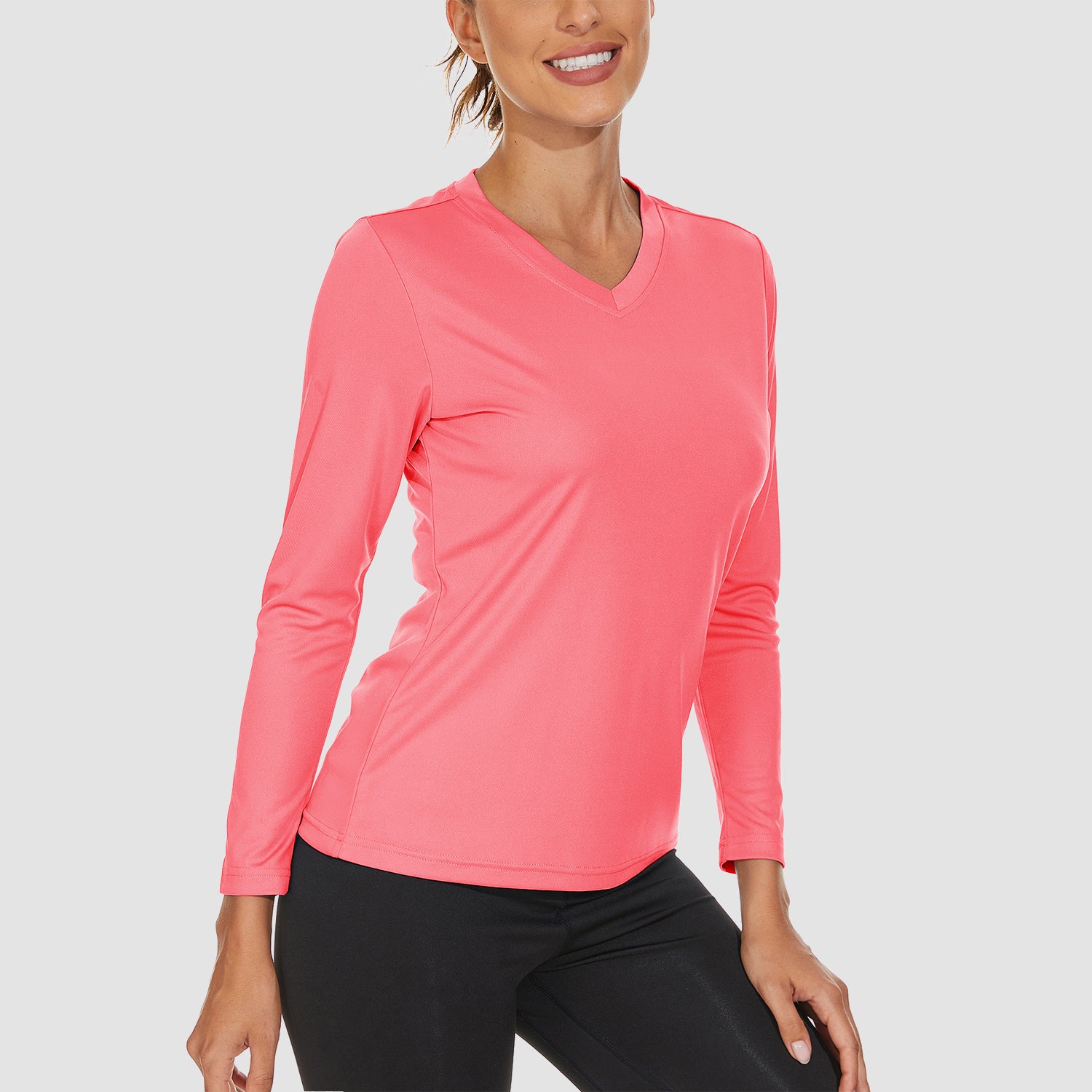 Rose Pink Women's Long Sleeve UPF 50+ V-Neck Hiking & Workout Shirt - MAGCOMSEN