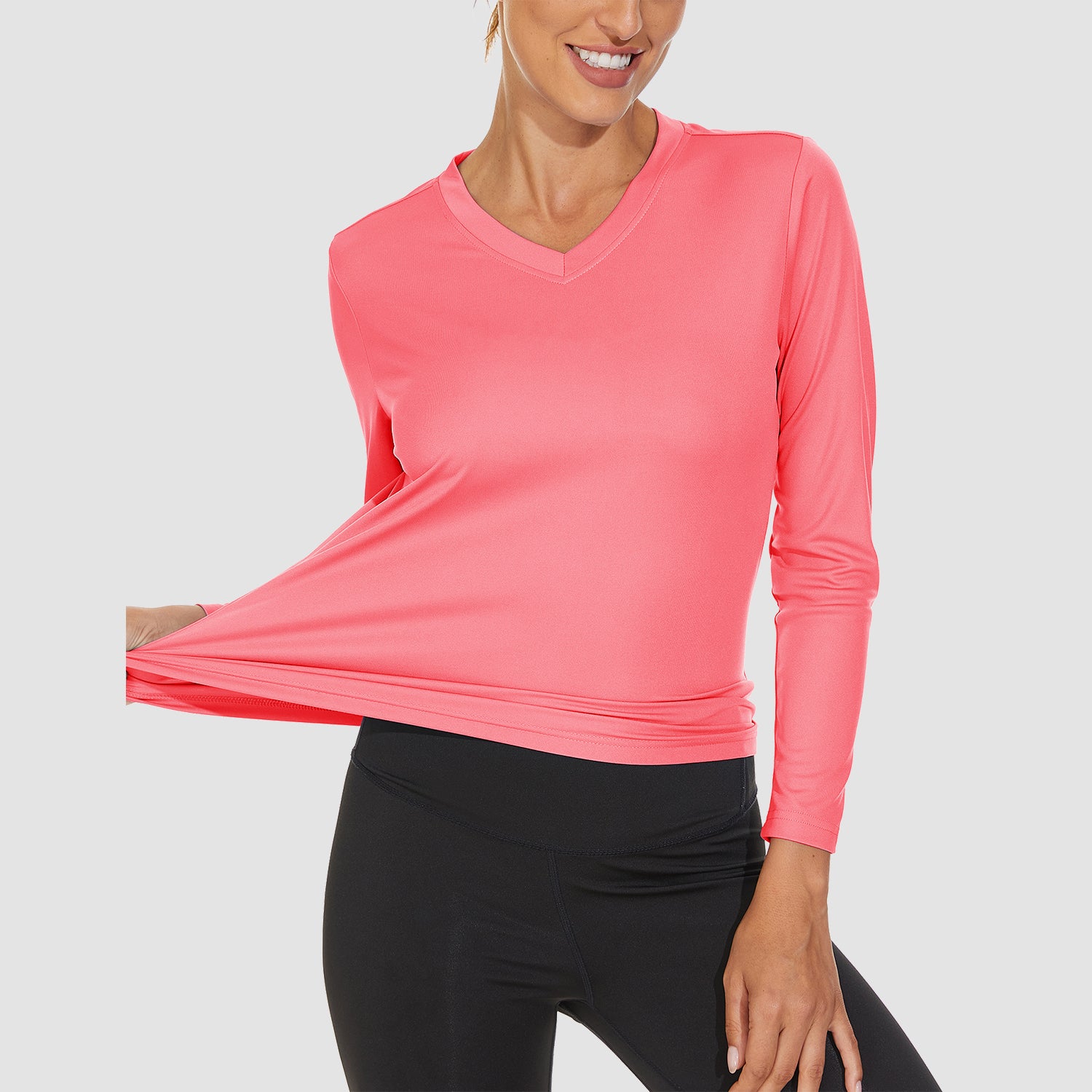 Rose Pink Women's Long Sleeve UPF 50+ V-Neck Hiking & Workout Shirt - MAGCOMSEN
