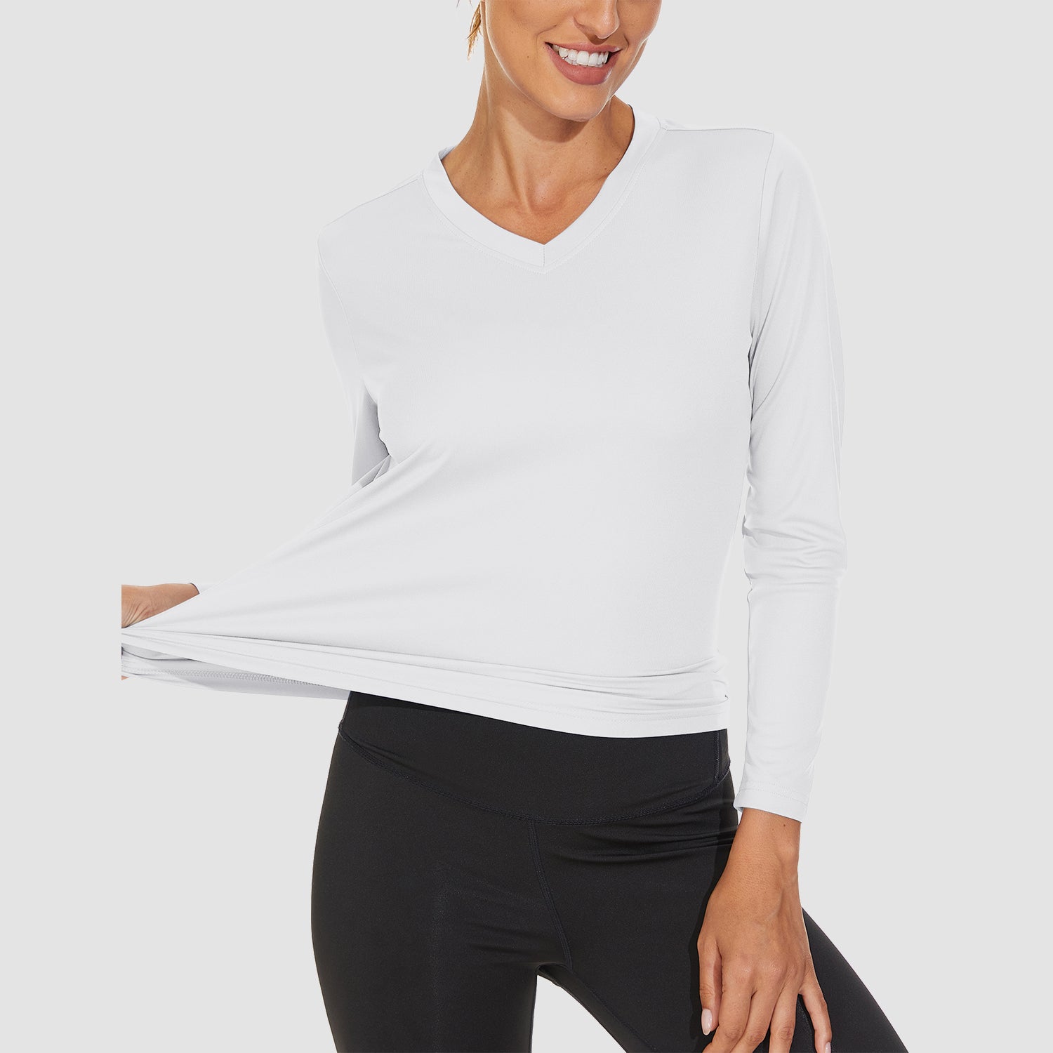 White Women's Long Sleeve UPF 50+ V-Neck Hiking & Workout Shirt - MAGCOMSEN
