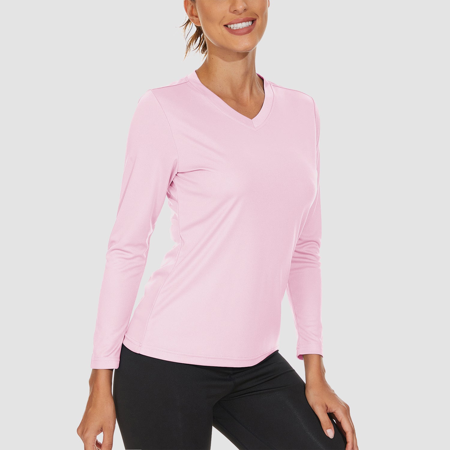 Light Pink Women's Long Sleeve UPF 50+ V-Neck Hiking & Workout Shirt - MAGCOMSEN