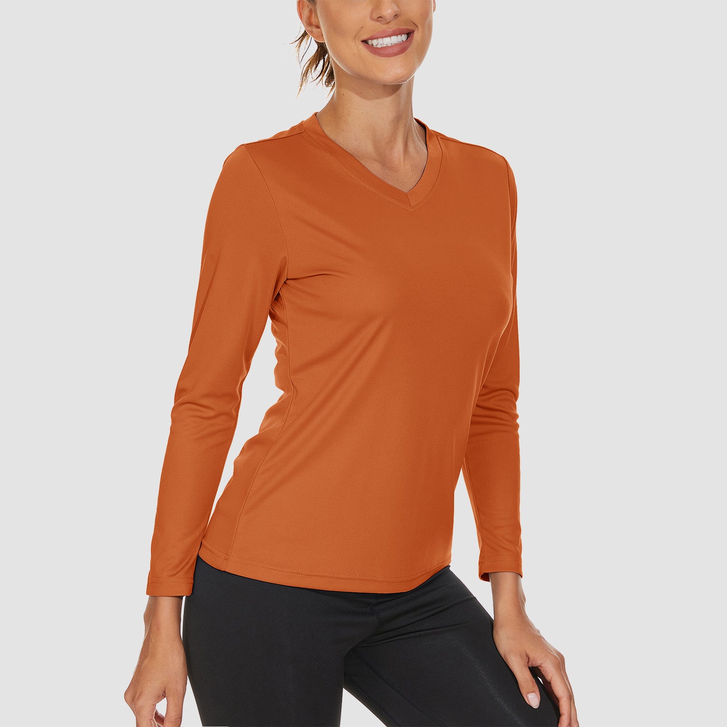 Dark Orange Women's Long Sleeve UPF 50+ V-Neck Hiking & Workout Shirt - MAGCOMSEN