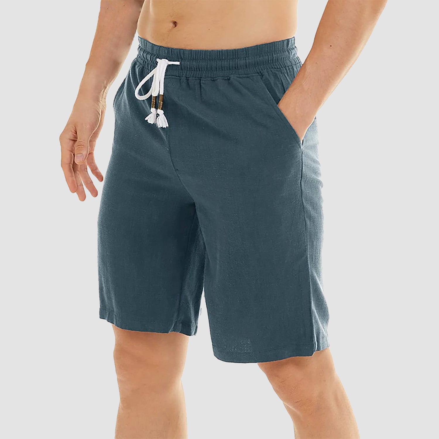 Men Linen Cotton Shorts Fashion Solid Color Drawstring Elastic Waist
