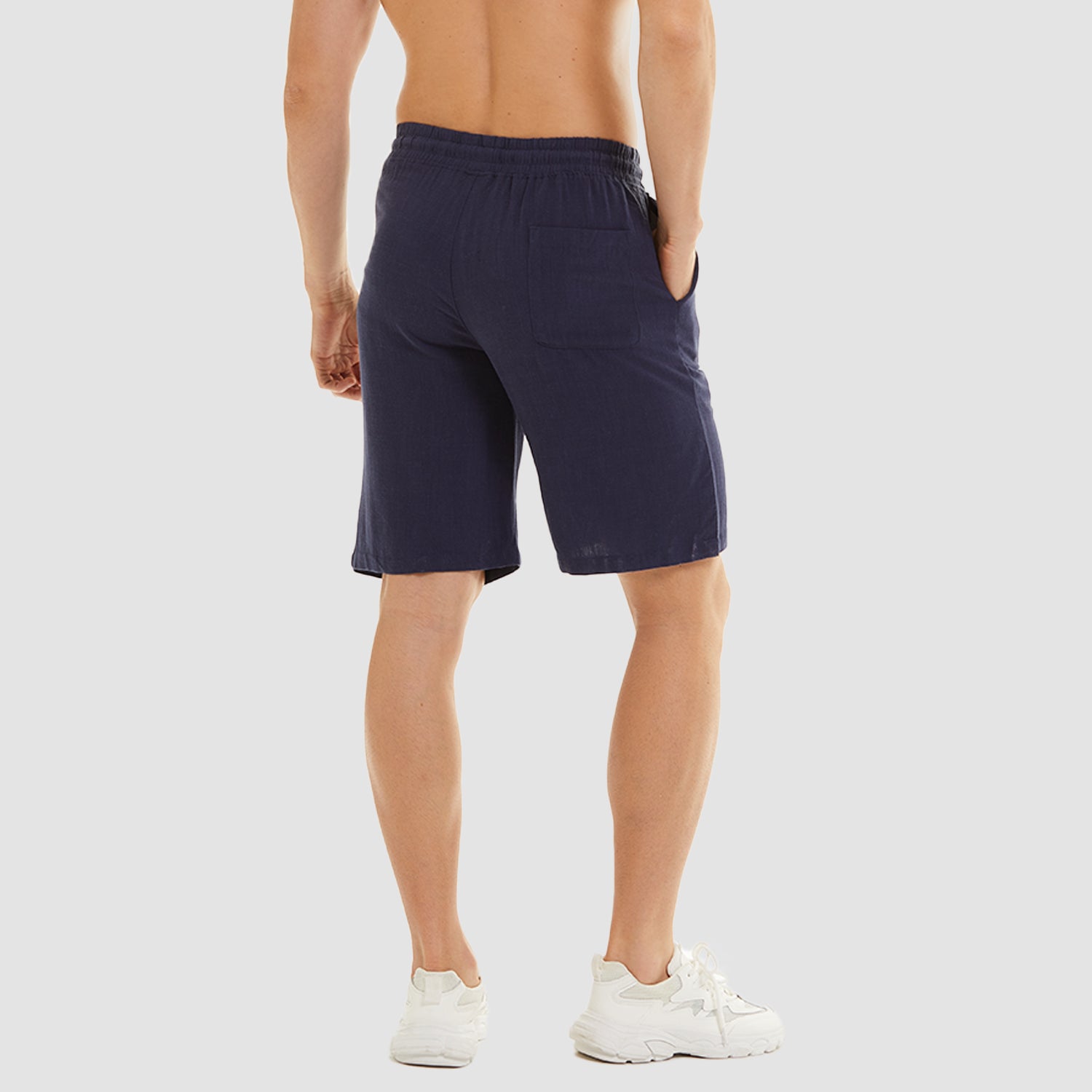 Men Linen Cotton Shorts Fashion Solid Color Drawstring Elastic Waist