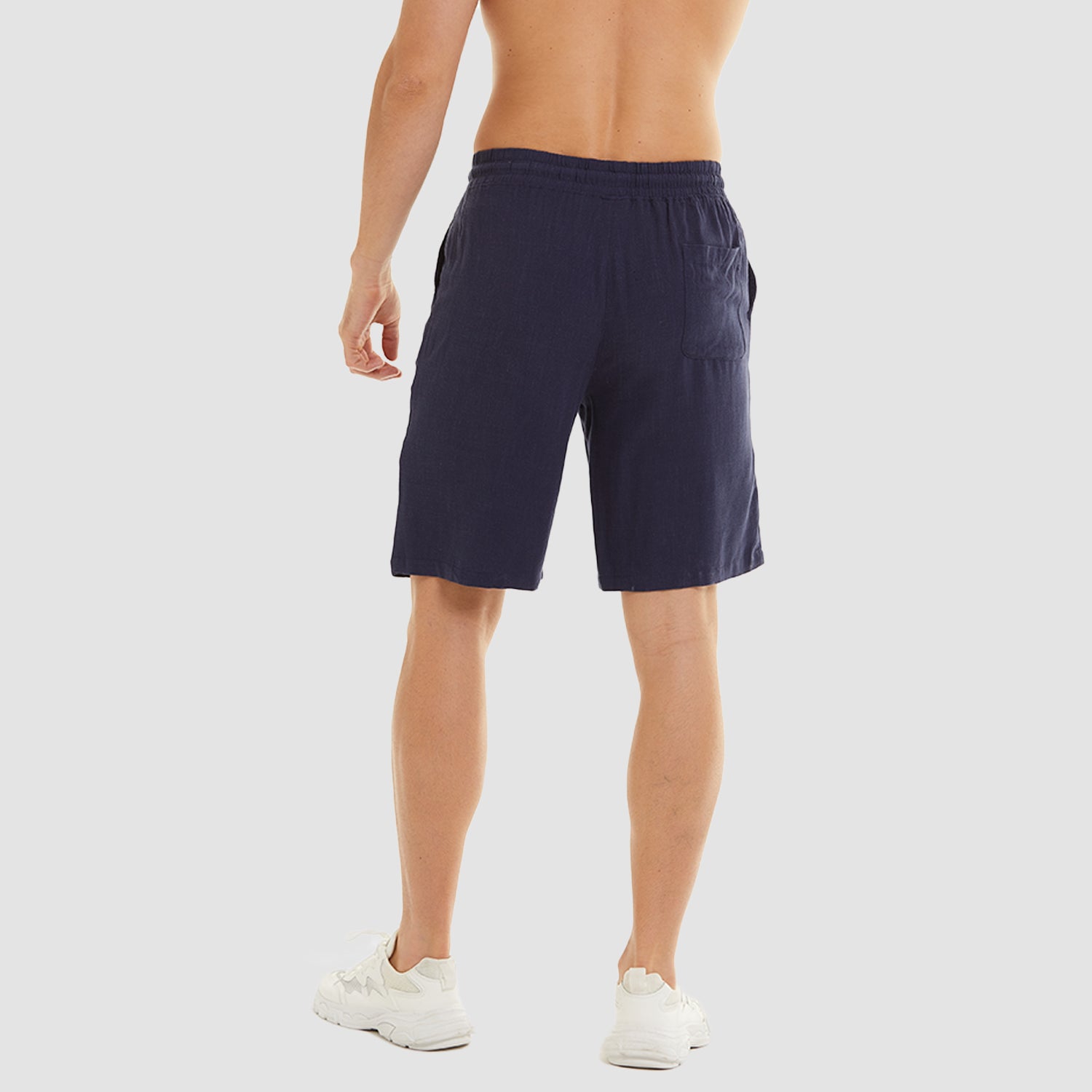 Men Linen Cotton Shorts Fashion Solid Color Drawstring Elastic Waist