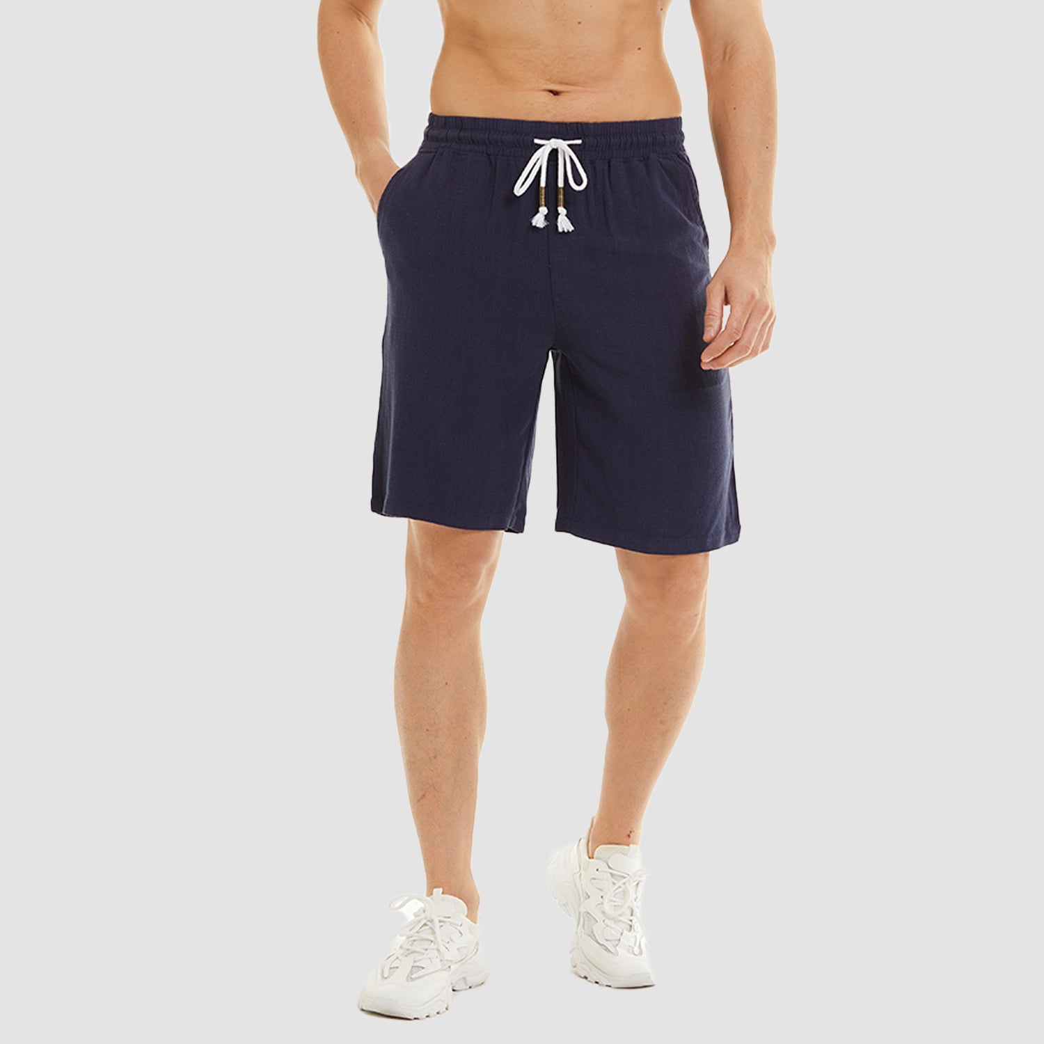 Men Linen Cotton Shorts Fashion Solid Color Drawstring Elastic Waist