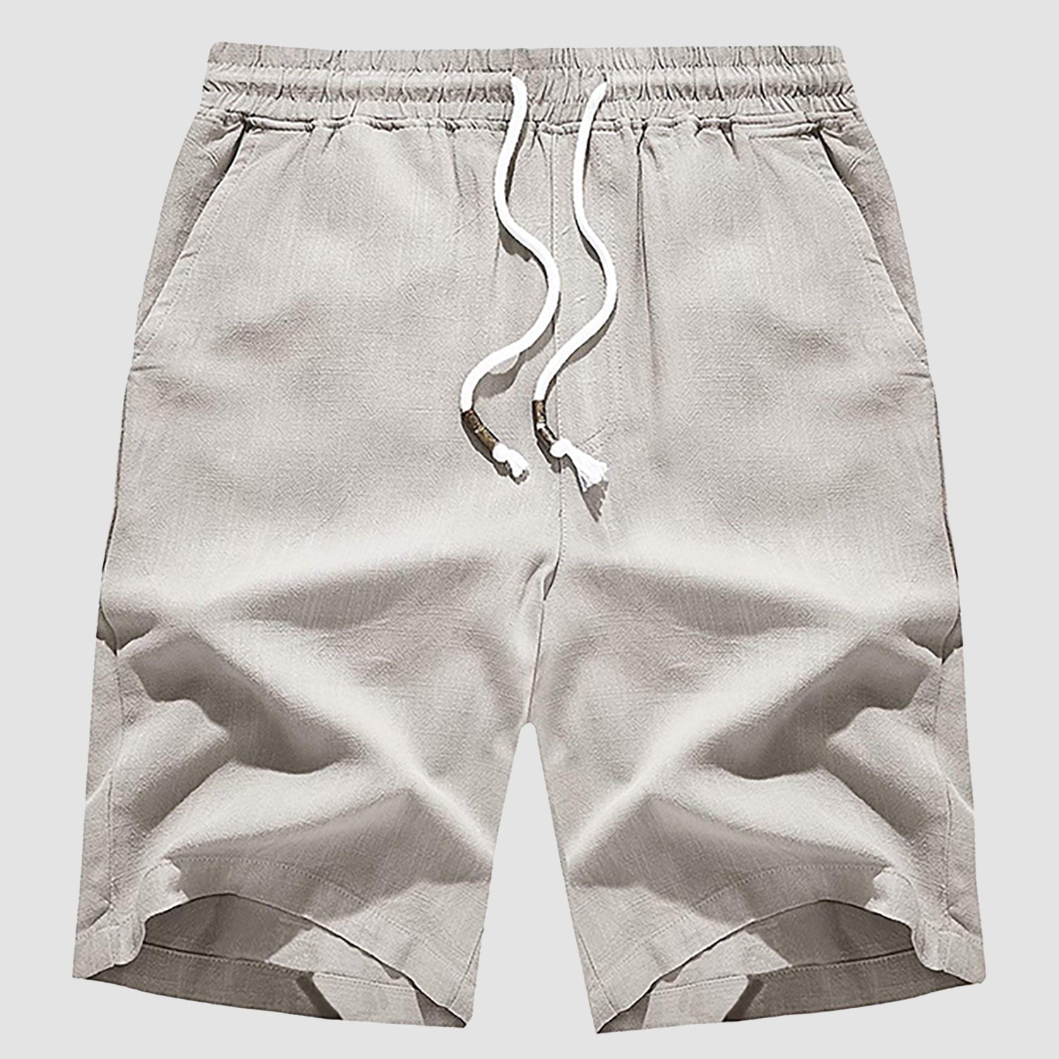 Men Linen Cotton Shorts Fashion Solid Color Drawstring Elastic Waist