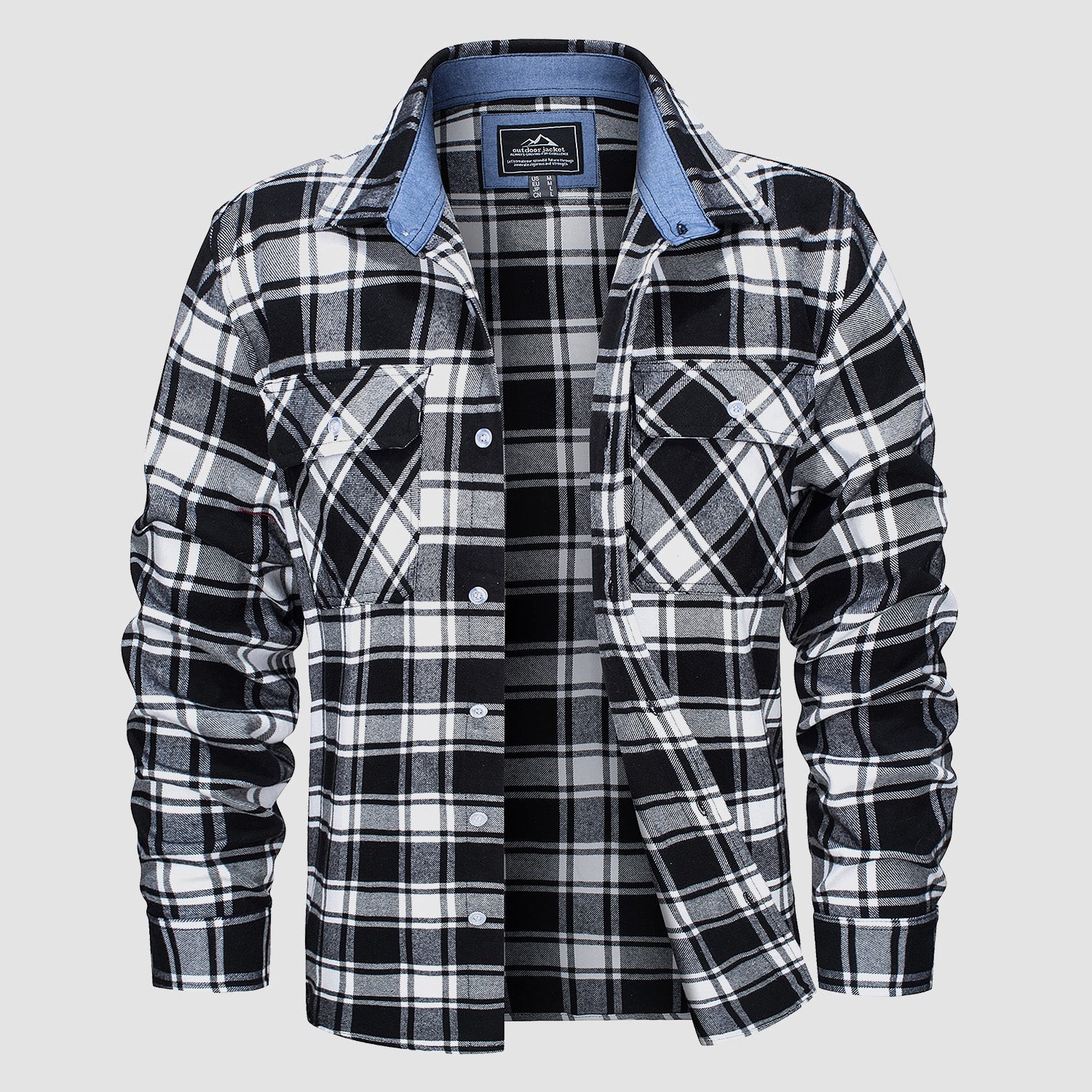Black Men's Long Sleeve Cotton Plaid Flannel Shirt - MAGCOMSEN