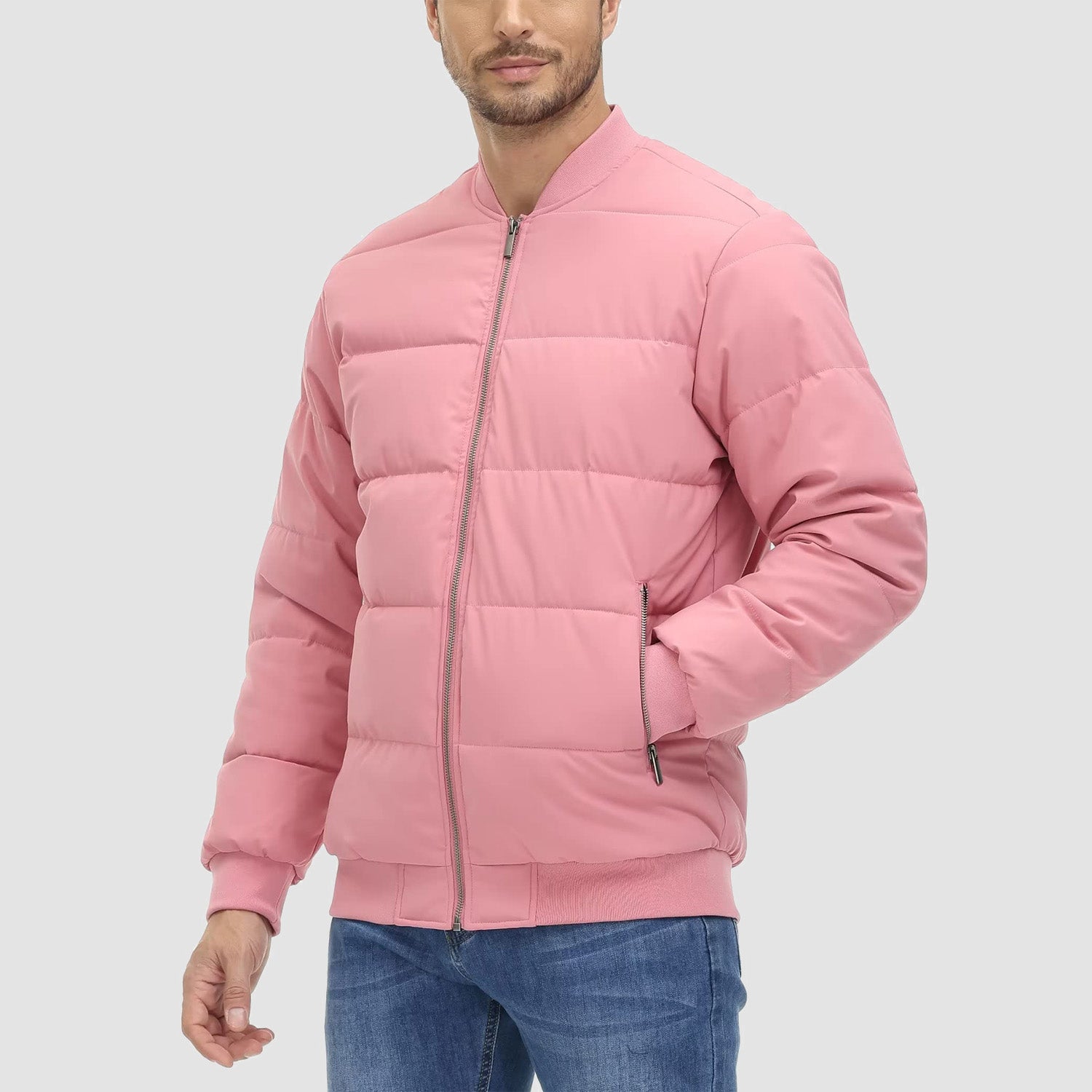 Men's Winter Jacket Quilted Lined Bomber Jacket Full Zip Casual Coat Thick Outwear