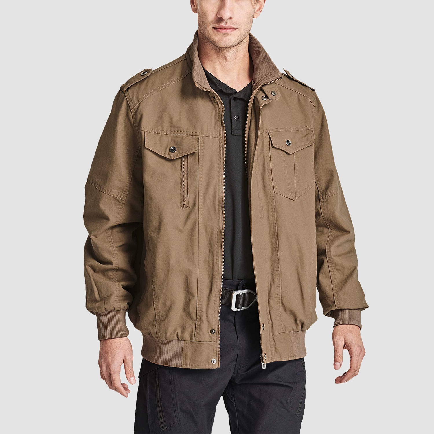 Men's Cotton Cargo Jackets Stand Collar Lightweight Tactical Jacket Windbreaker 4 Pockets