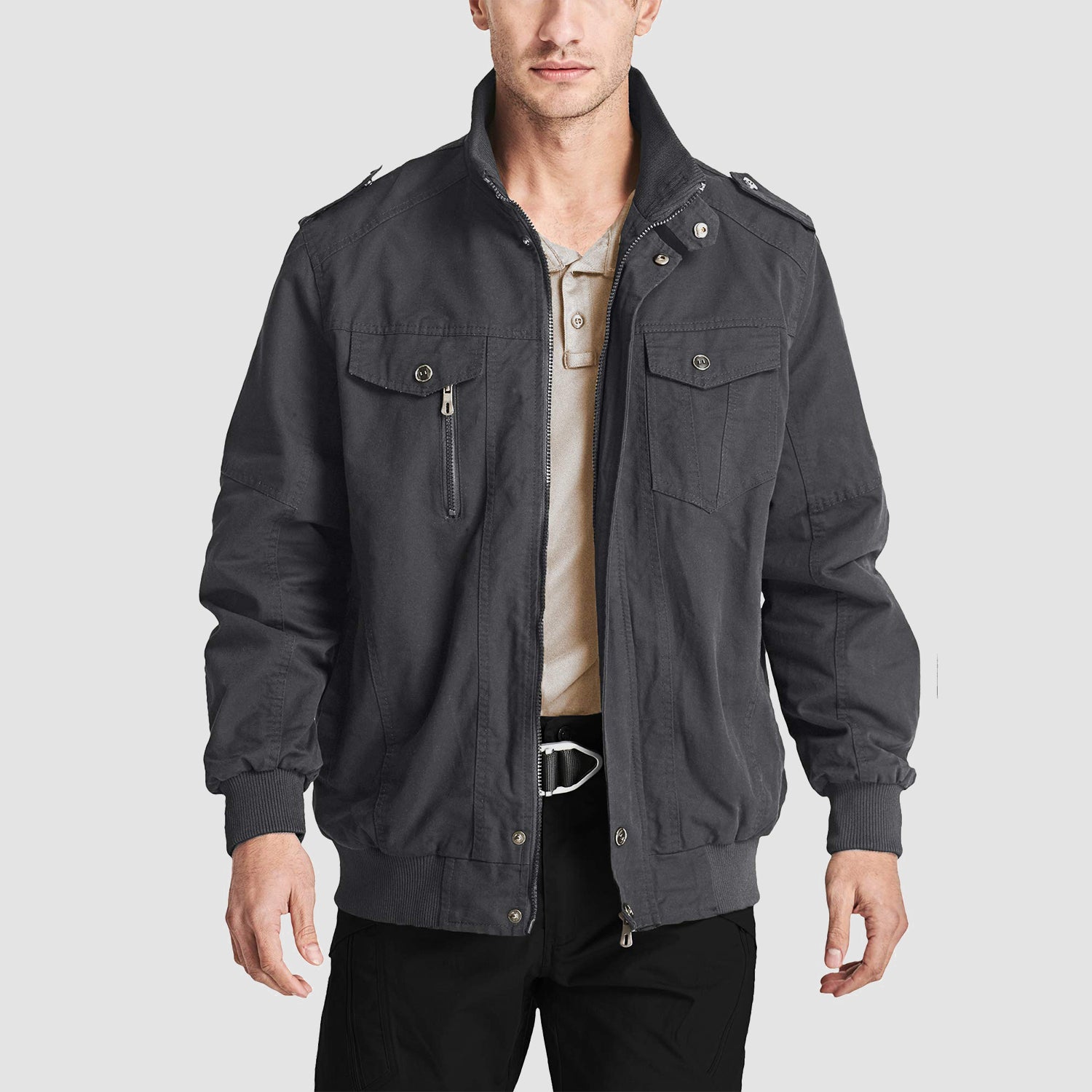 Men's Cotton Cargo Jackets Stand Collar Lightweight Tactical Jacket Windbreaker 4 Pockets
