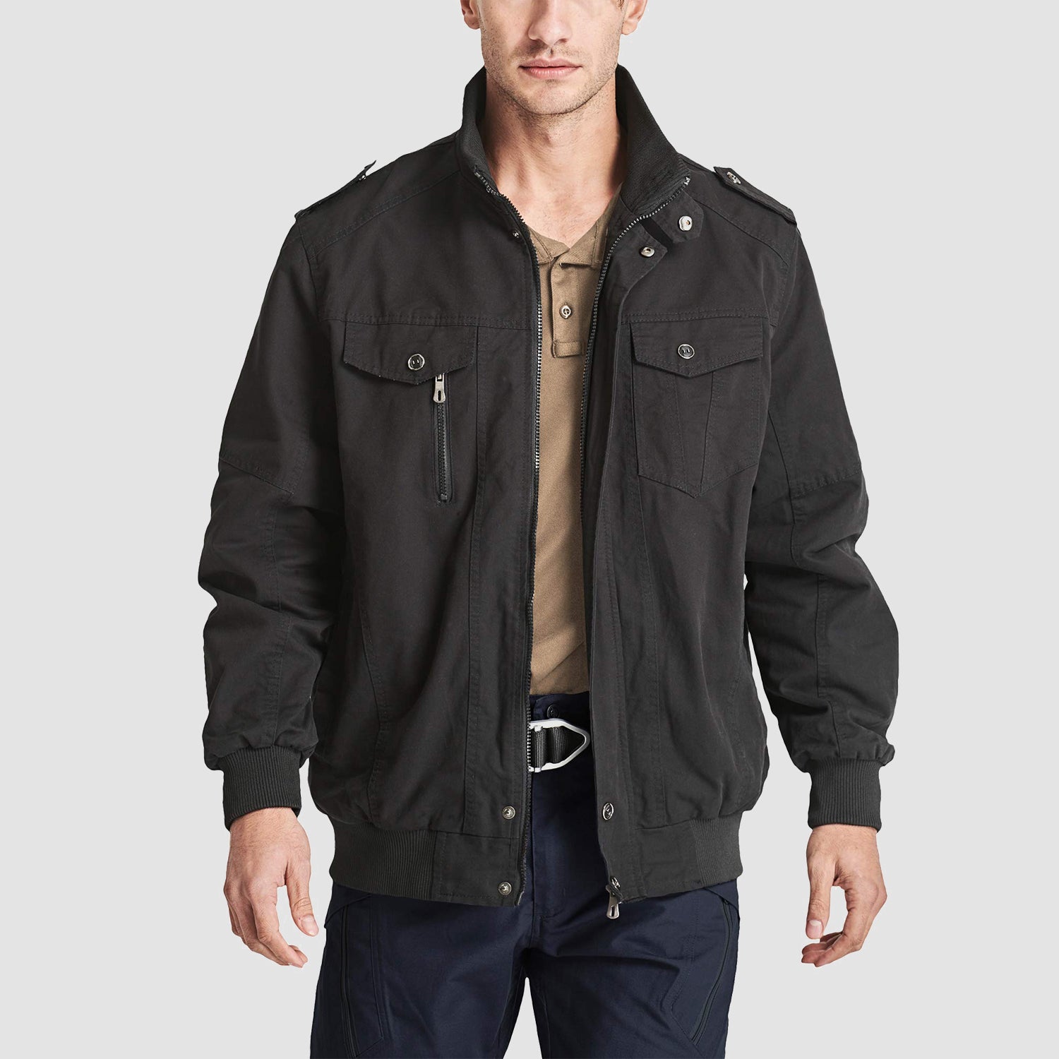 Men's Cotton Cargo Jackets Stand Collar Lightweight Tactical Jacket Windbreaker 4 Pockets