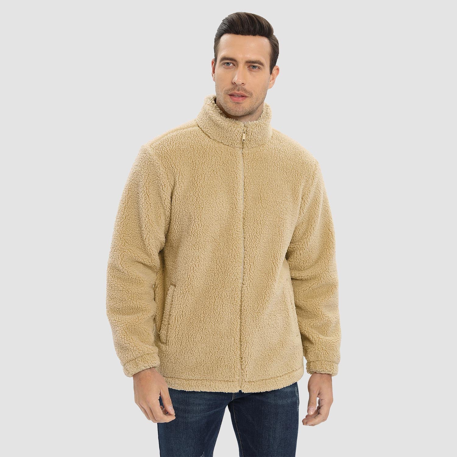 Men's Fluffy Sherpa Fleece Jacket Full Zip Casual Winter Outwear - MAGCOMSEN