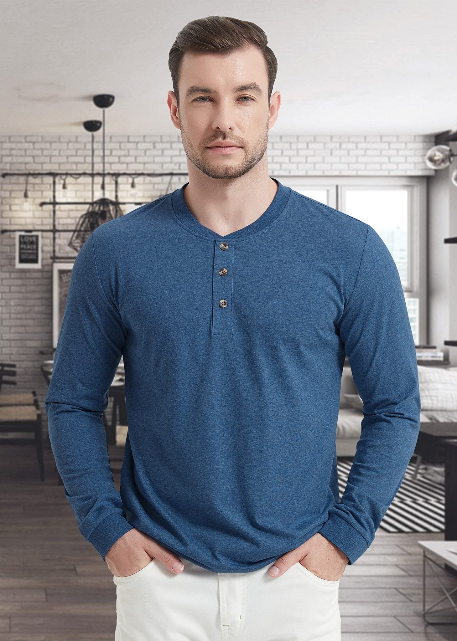 Men's Cotton Long Sleeve Henley Shirt, Casual Work Tee - MAGCOMSEN