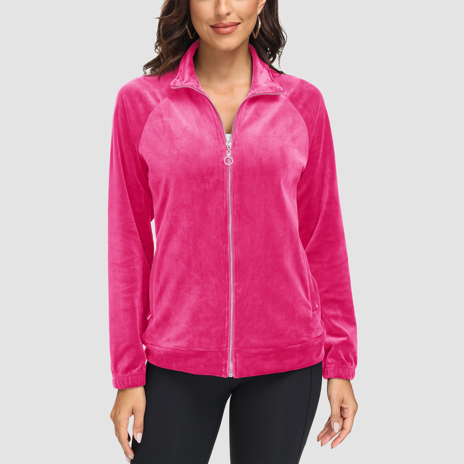 Women's Velour Jackets Full Zip Up Fleece Jacket With Zipper Pockets Soft Winter Jackets - MAGCOMSEN