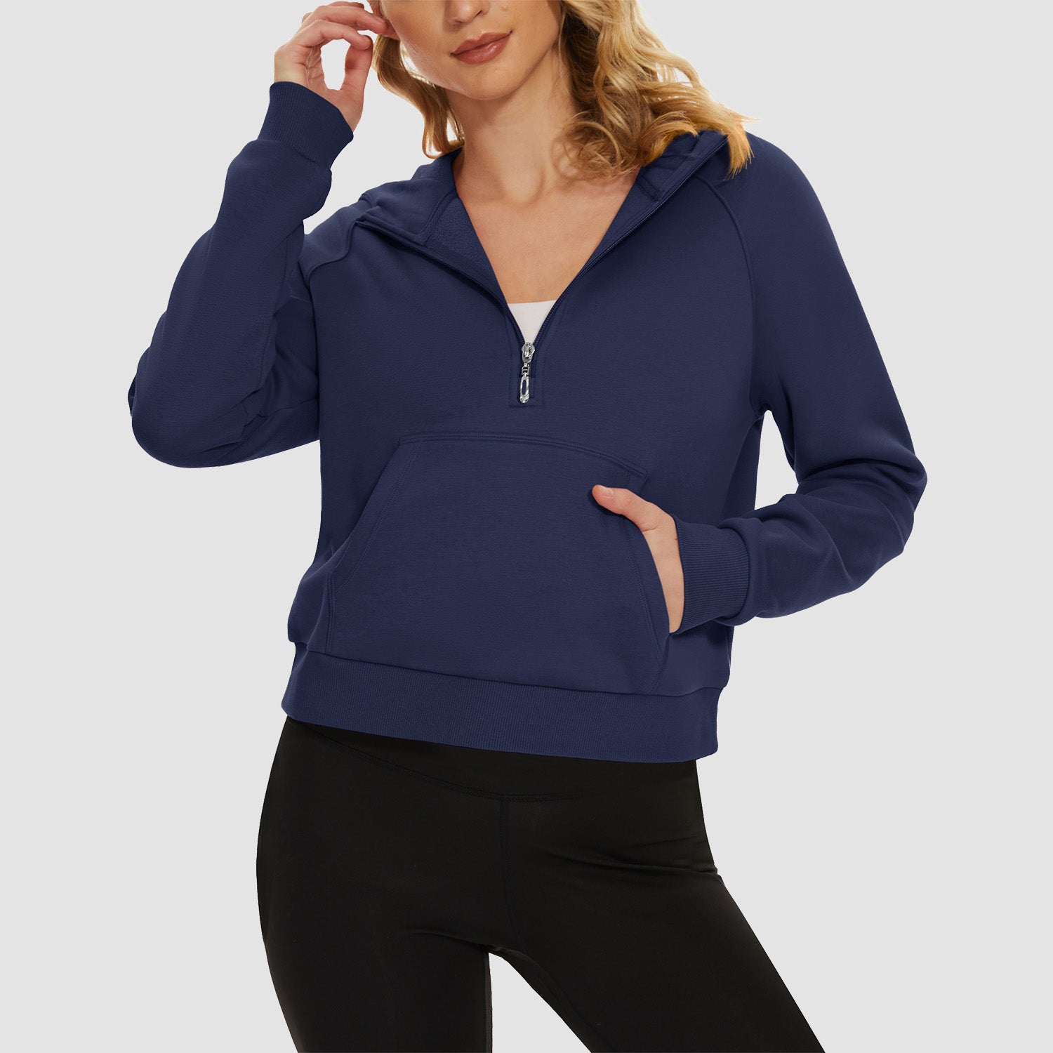 Womens Hoodie Fleece Lined 1/2 Zipper Sweatshirts Long Sleeve Crop Tops With Kangaroo Pocket - MAGCOMSEN