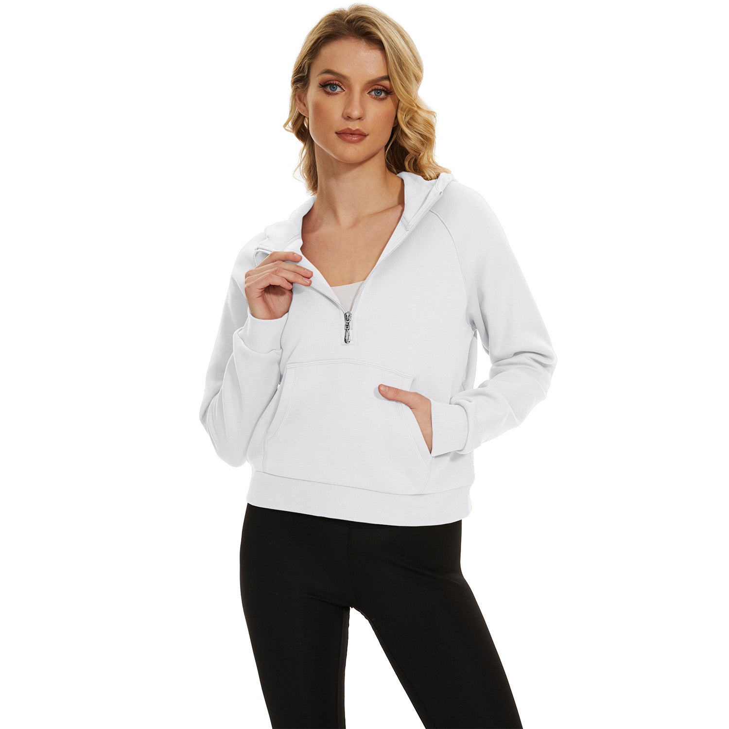 Womens Hoodie Fleece Lined 1/2 Zipper Sweatshirts Long Sleeve Crop Tops With Kangaroo Pocket - MAGCOMSEN
