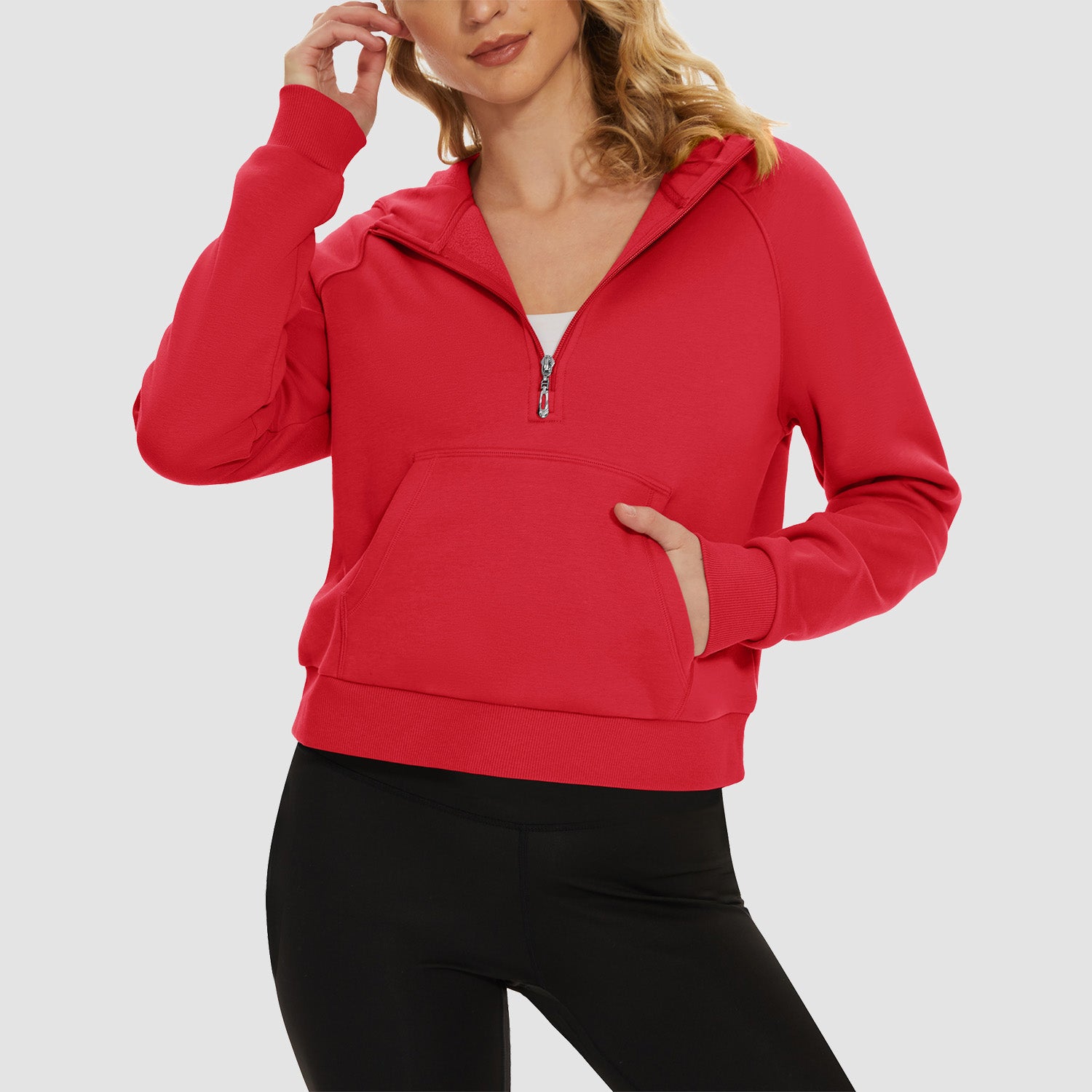 Womens Hoodie Fleece Lined 1/2 Zipper Sweatshirts Long Sleeve Crop Tops With Kangaroo Pocket - MAGCOMSEN