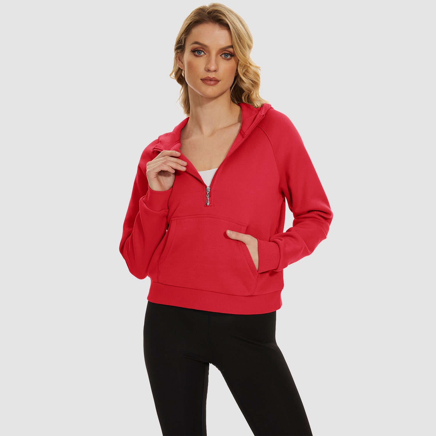 Womens Hoodie Fleece Lined 1/2 Zipper Sweatshirts Long Sleeve Crop Tops With Kangaroo Pocket - MAGCOMSEN