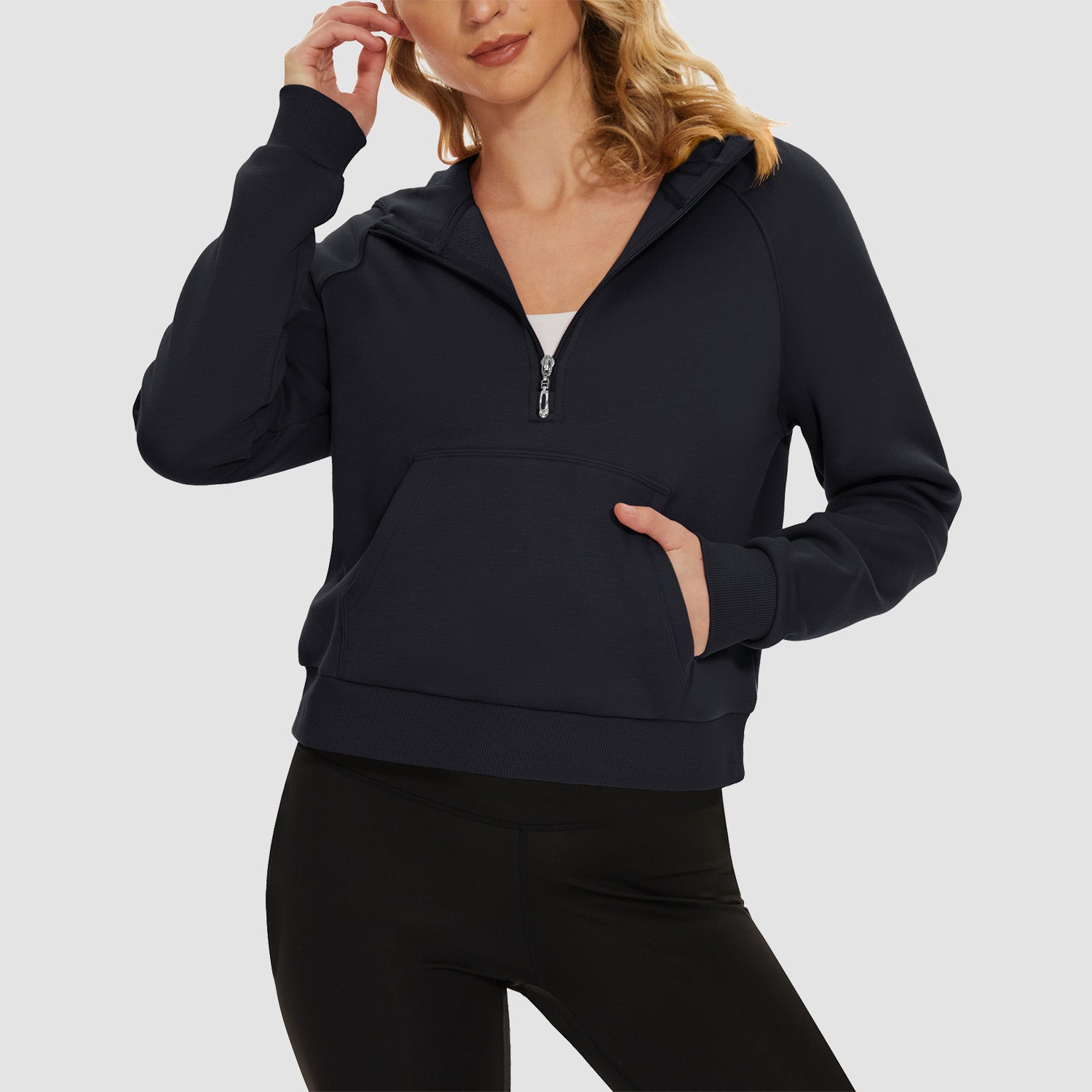 Womens Hoodie Fleece Lined 1/2 Zipper Sweatshirts Long Sleeve Crop Tops With Kangaroo Pocket - MAGCOMSEN